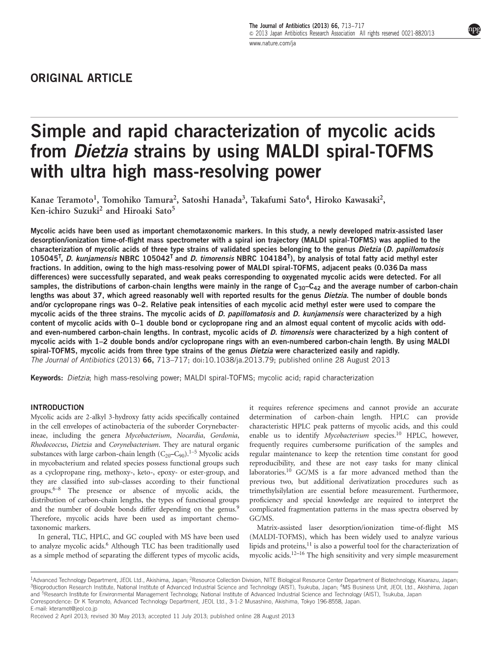 Simple and Rapid Characterization of Mycolic Acids from Dietzia Strains by Using MALDI Spiral-TOFMS with Ultra High Mass-Resolving Power