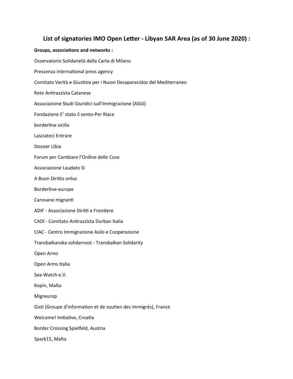 List of Signatories IMO Open Letter - Libyan SAR Area(As of 30 June 2020)