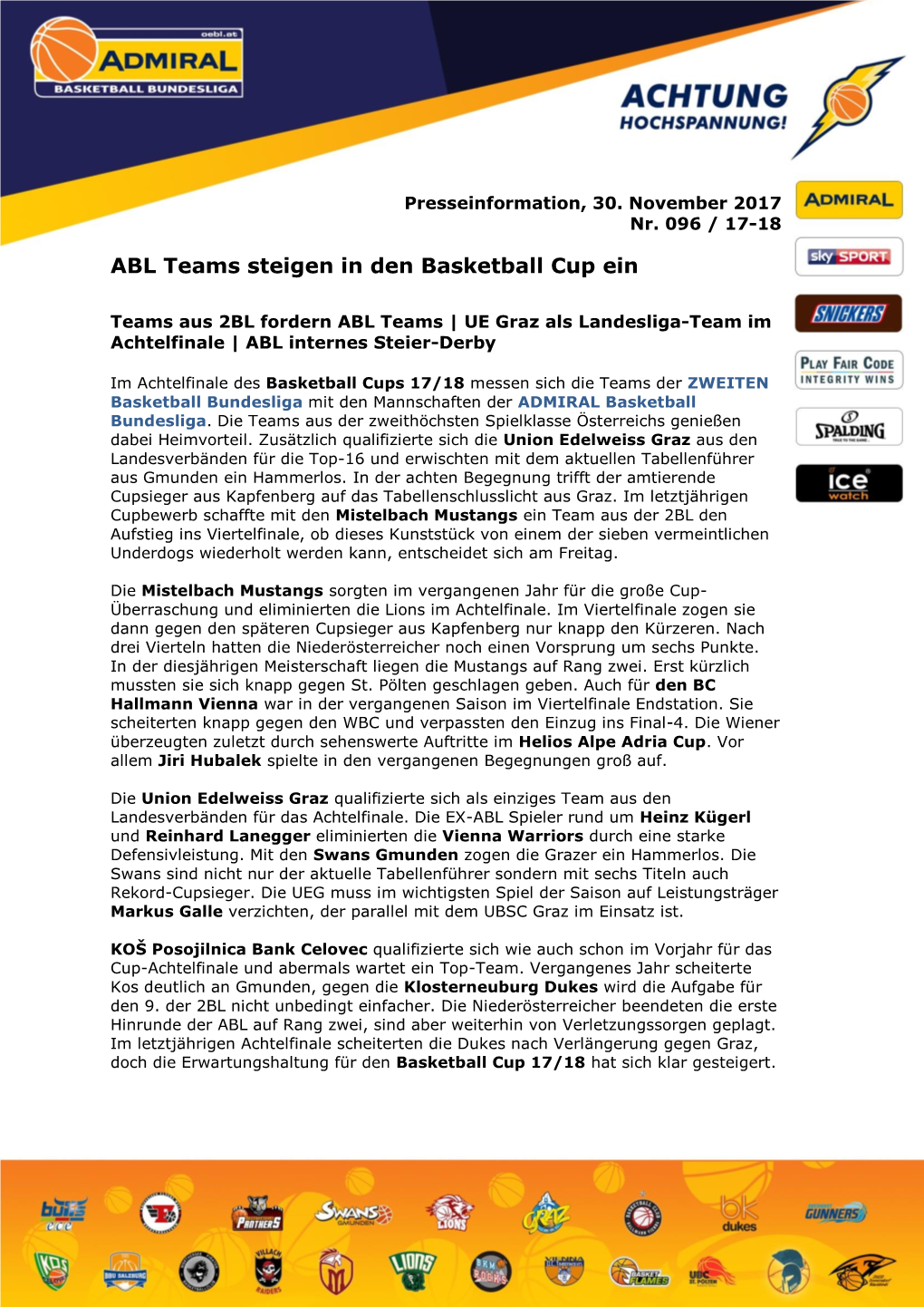 ABL Teams Steigen in Den Basketball Cup Ein