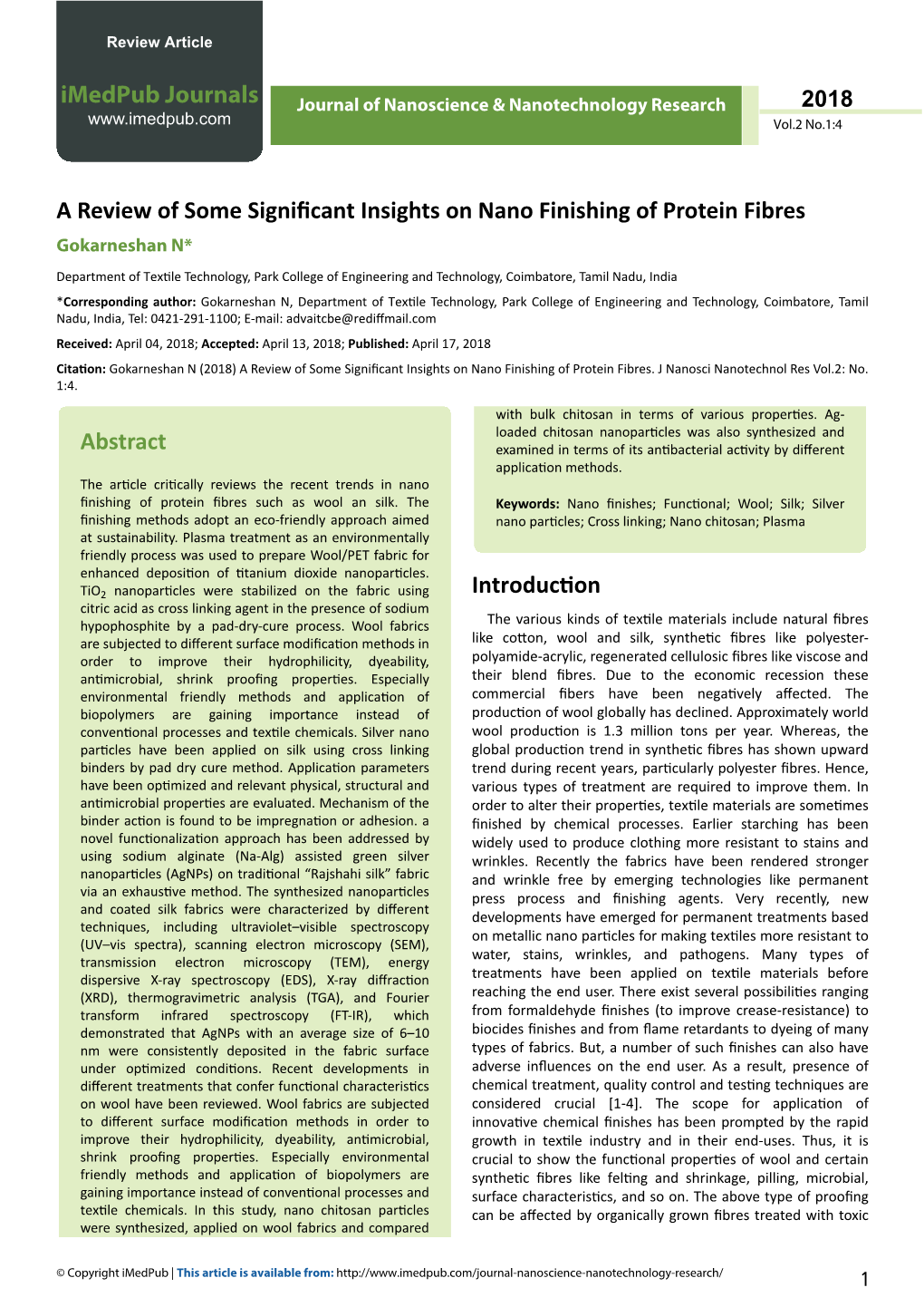 A Review of Some Significant Insights on Nano Finishing of Protein Fibres Gokarneshan N*