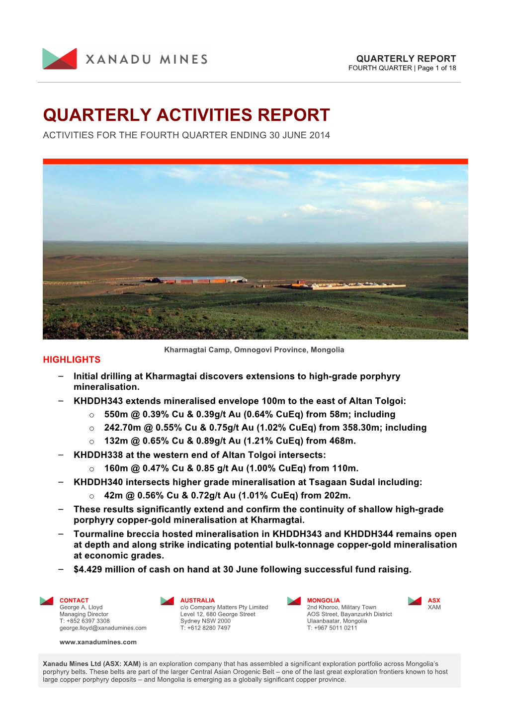 Quarterly Activities Report Activities for the Fourth Quarter Ending 30 June 2014