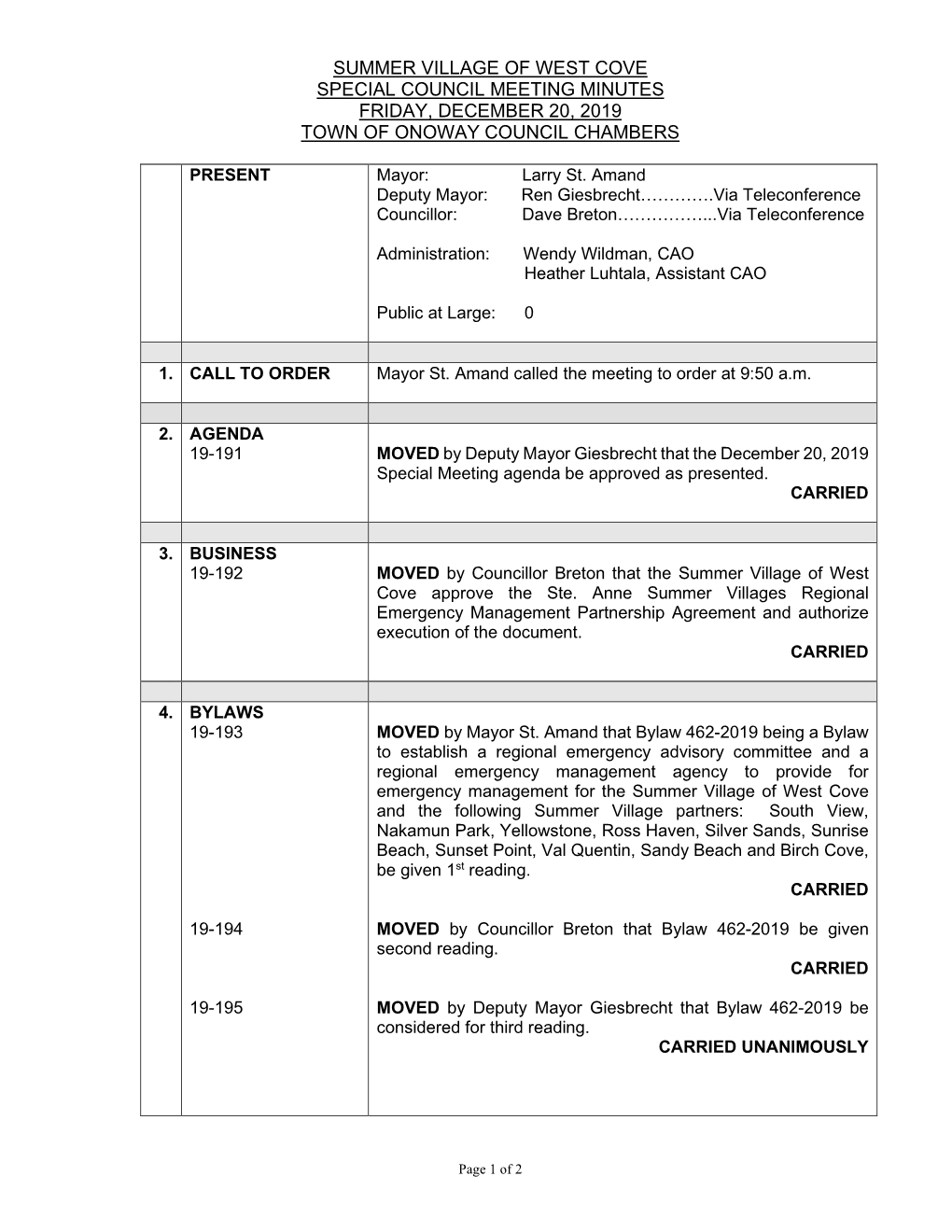 December 20, 2019 Special Meeting Agenda Be Approved As Presented