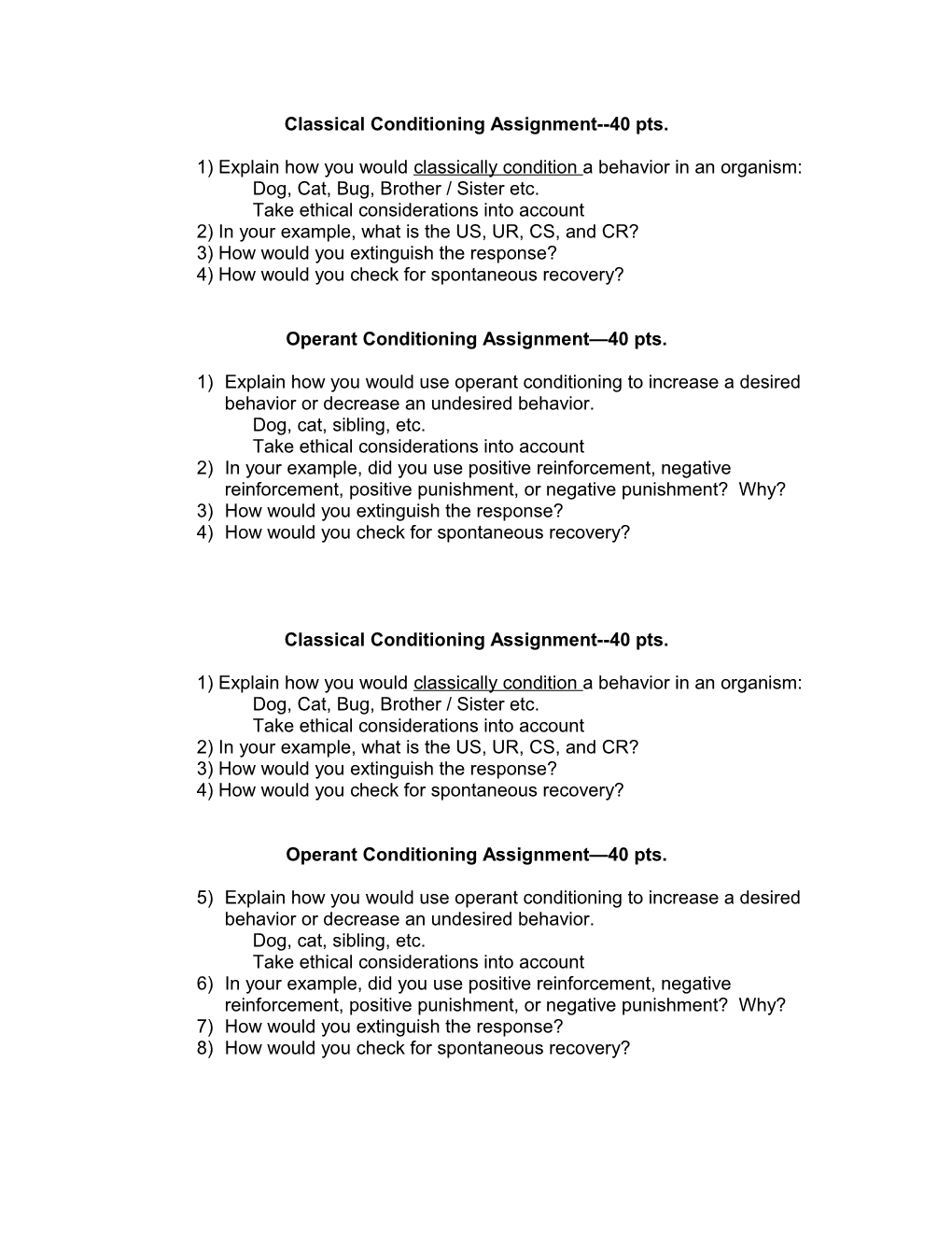 Classical Conditioning Assignment 40 Pts