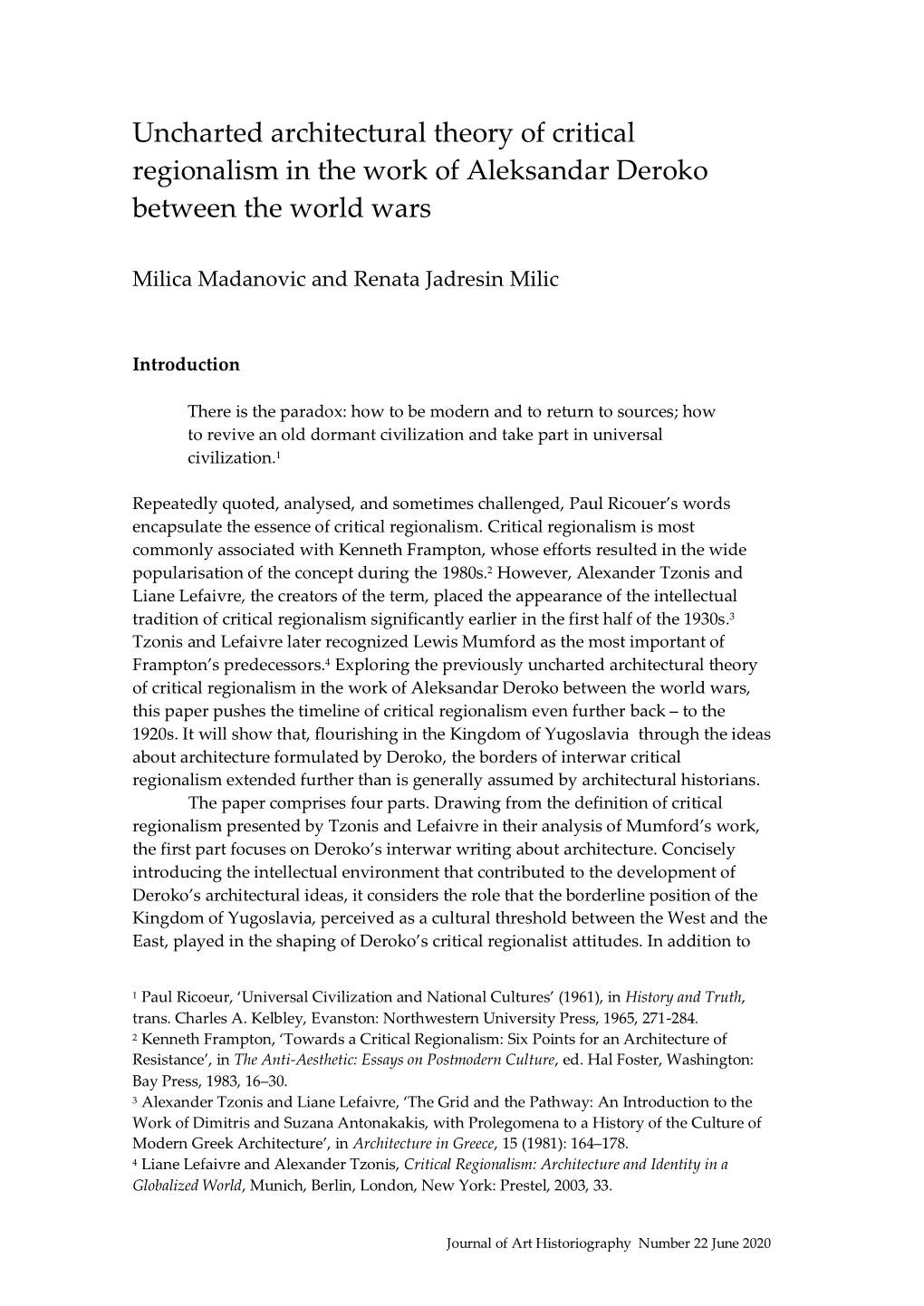 Uncharted Architectural Theory of Critical Regionalism in the Work of Aleksandar Deroko Between the World Wars