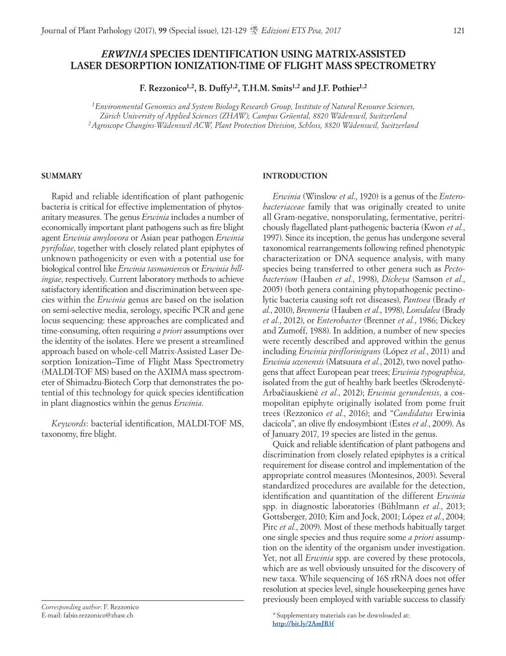 Erwinia Species Identification Using Matrix-Assisted Laser Desorption Ionization-Time of Flight Mass Spectrometry