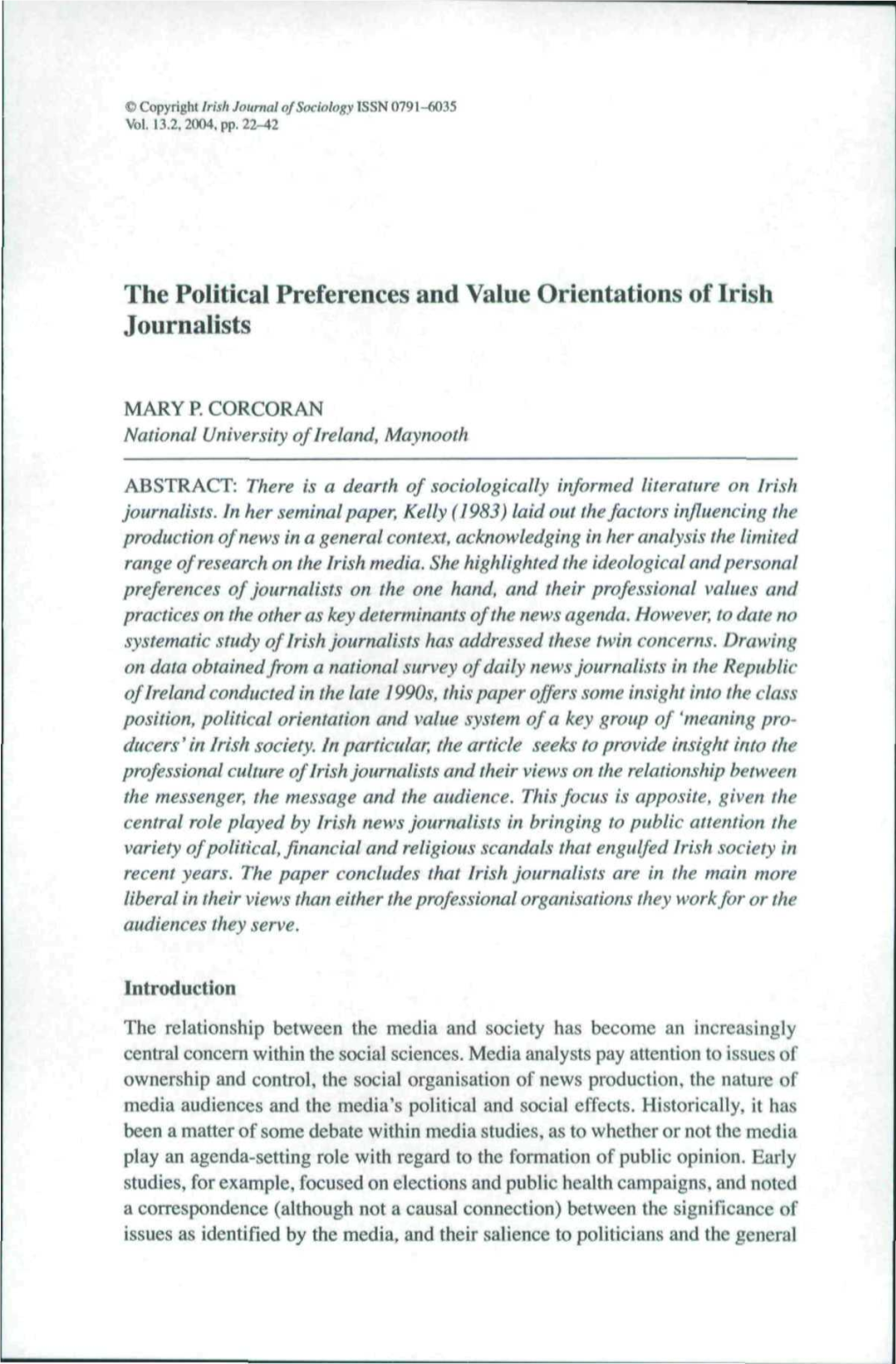 The Political Preferences and Value Orientations of Irish Journalists