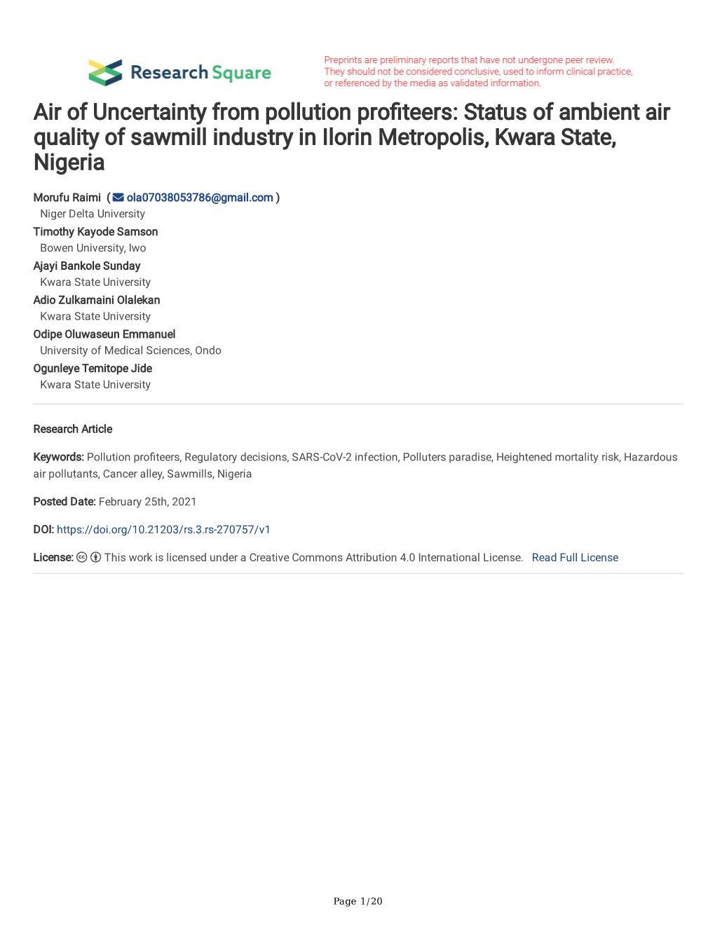 Status of Ambient Air Quality of Sawmill Industry in Ilorin Metropolis, Kwara State, Nigeria