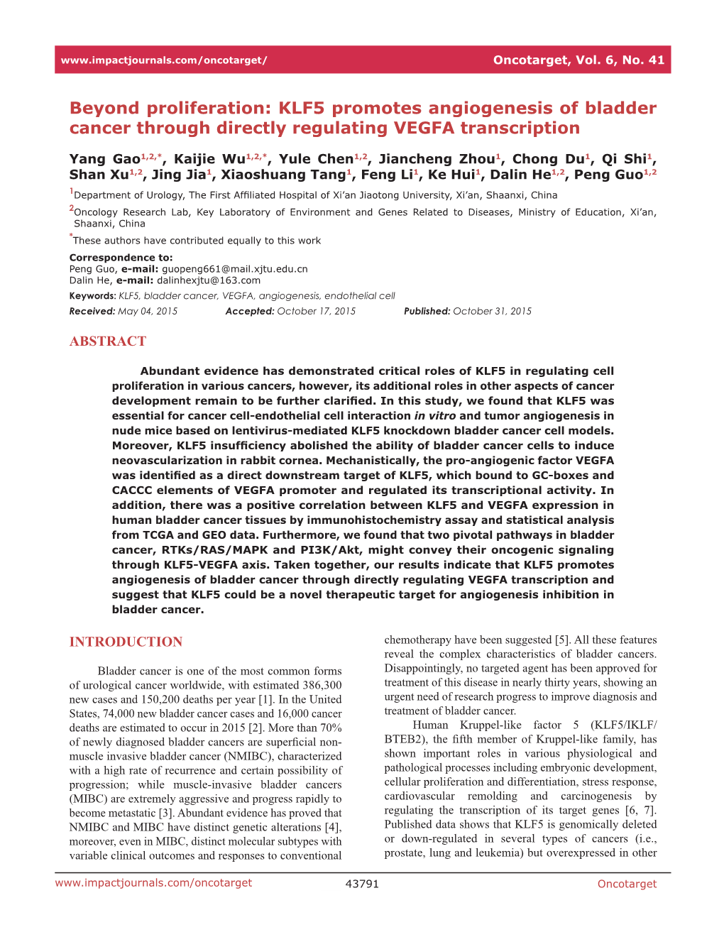 Beyond Proliferation: KLF5 Promotes Angiogenesis of Bladder Cancer Through Directly Regulating VEGFA Transcription