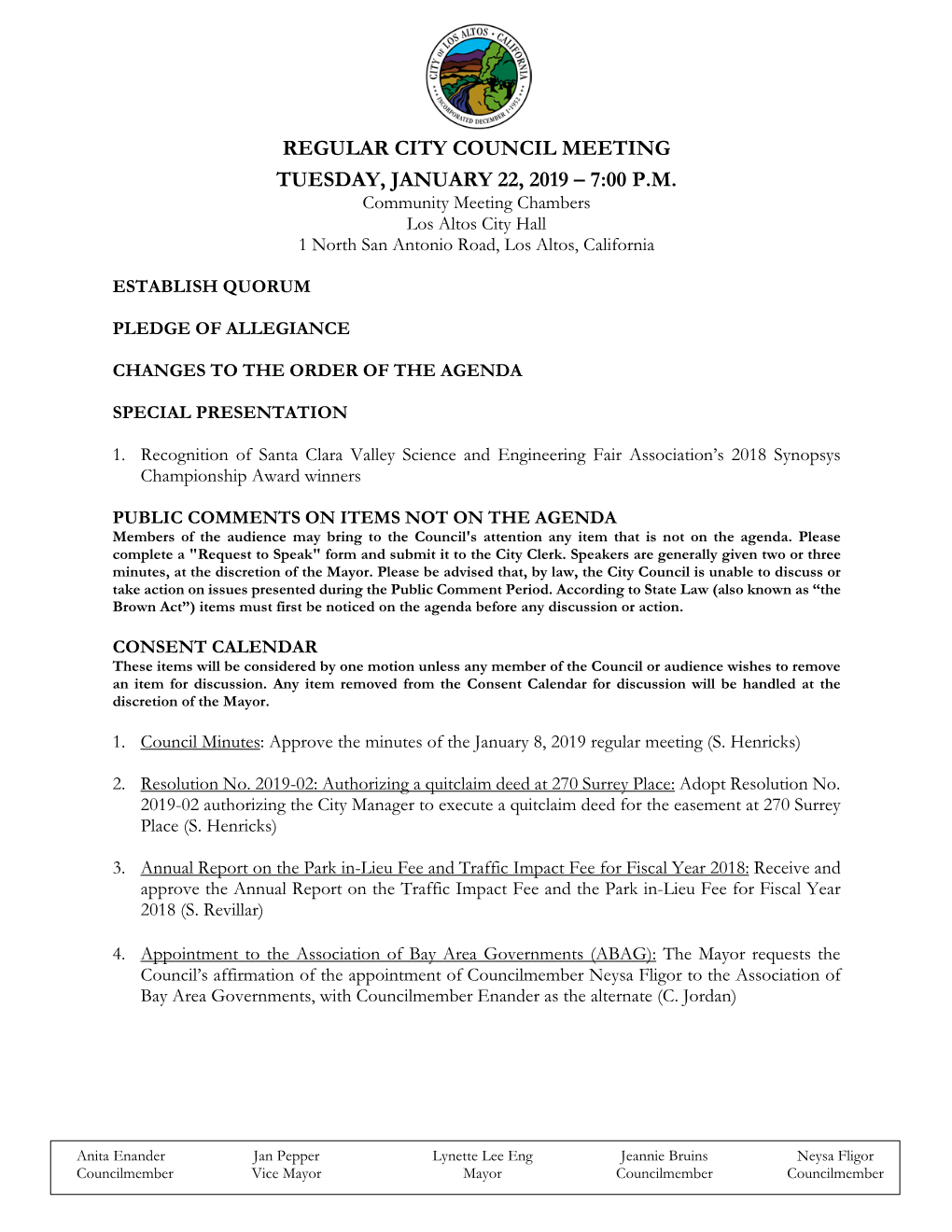 Regular City Council Meeting Tuesday, January 22, 2019 – 7