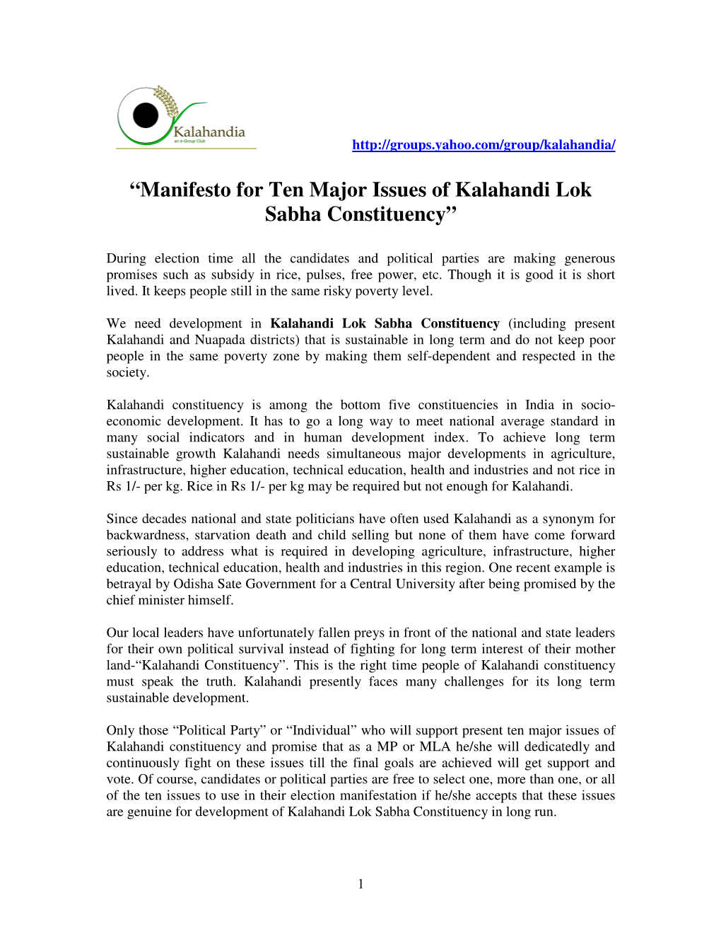 “Manifesto for Ten Major Issues of Kalahandi Lok Sabha Constituency”