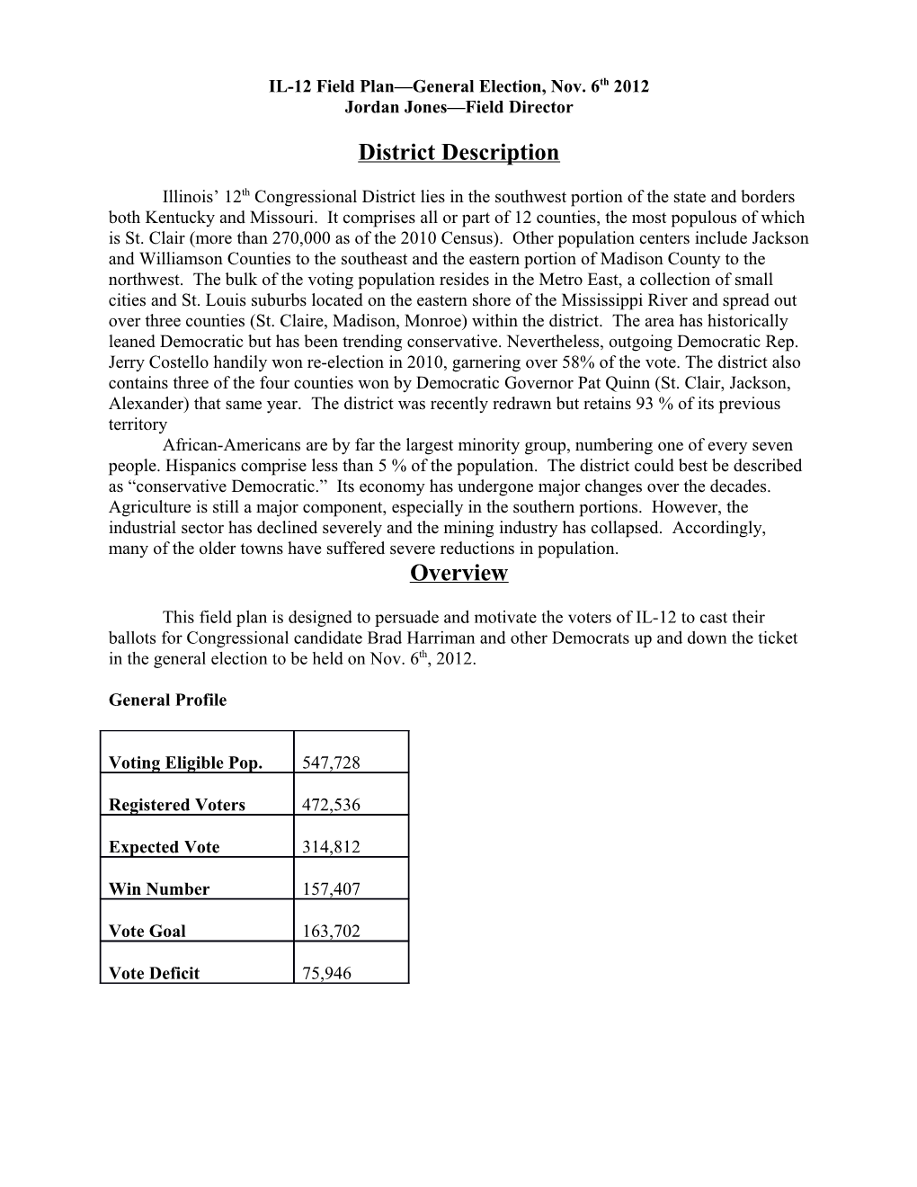 IL-12 Field Plan General Election, Nov. 6Th 2012