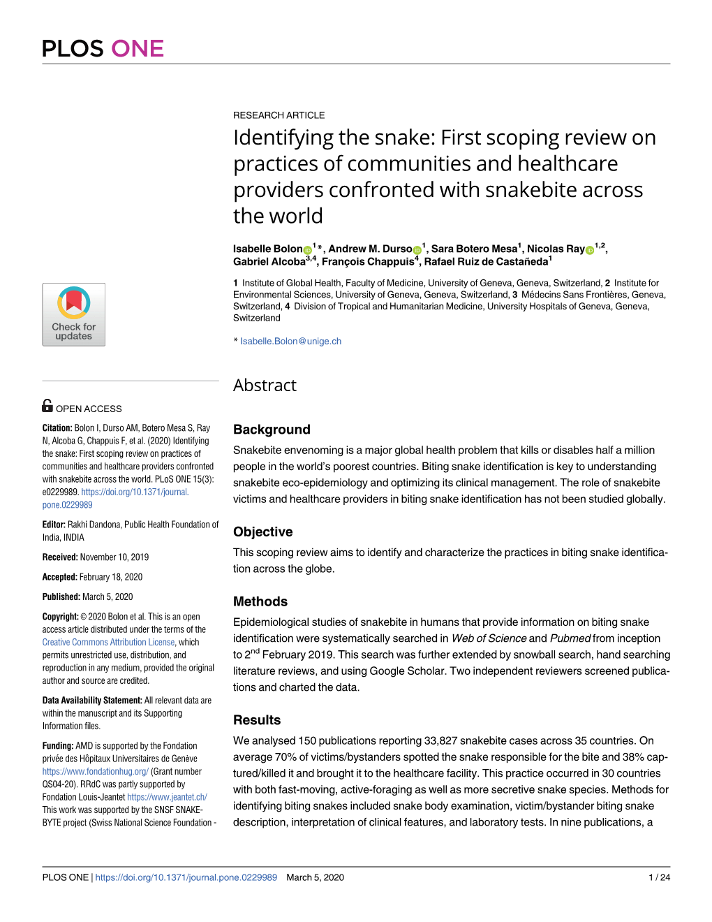 Identifying the Snake: First Scoping Review on Practices of Communities and Healthcare Providers Confronted with Snakebite Across the World
