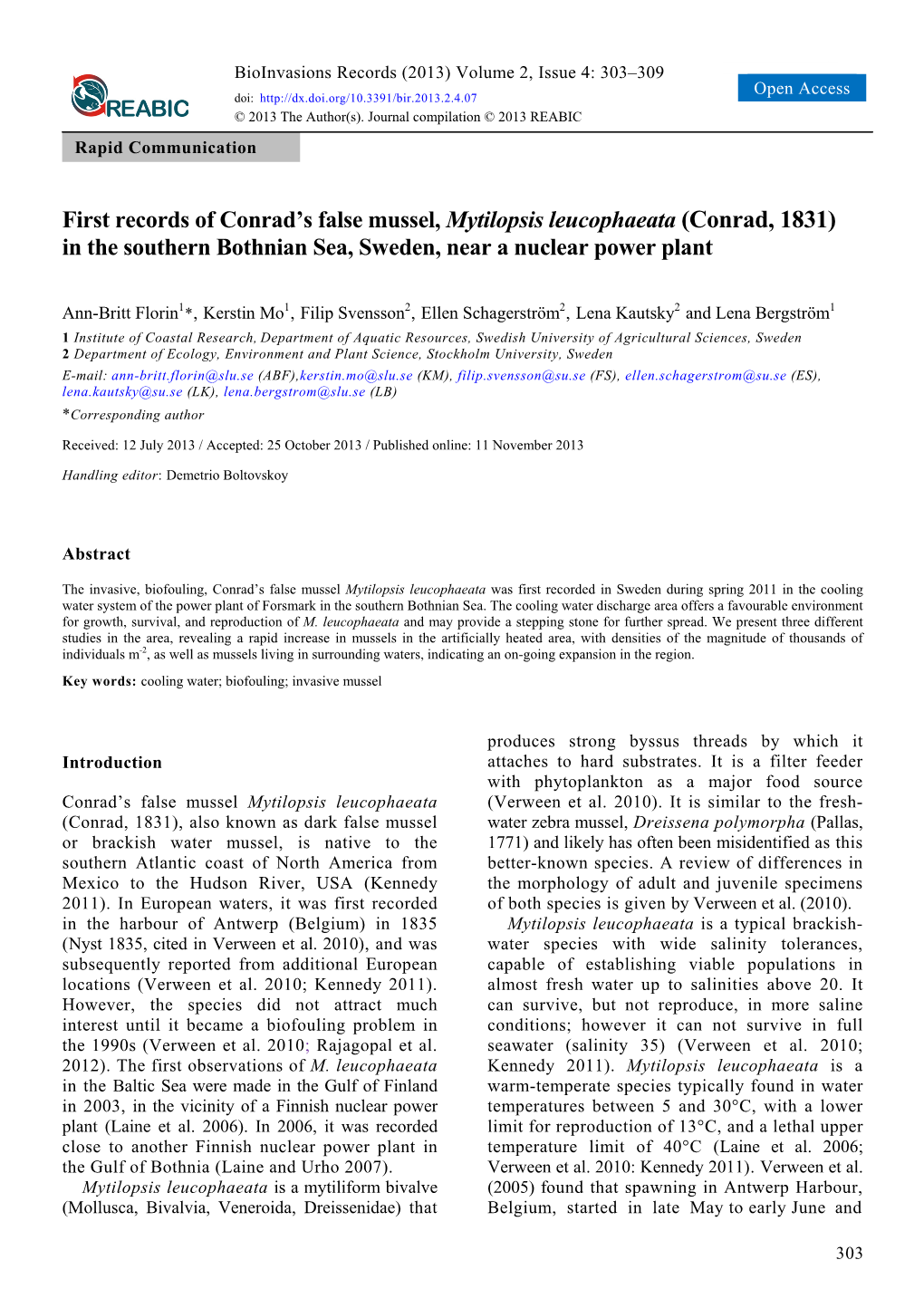 First Records of Conrad's False Mussel, Mytilopsis Leucophaeata