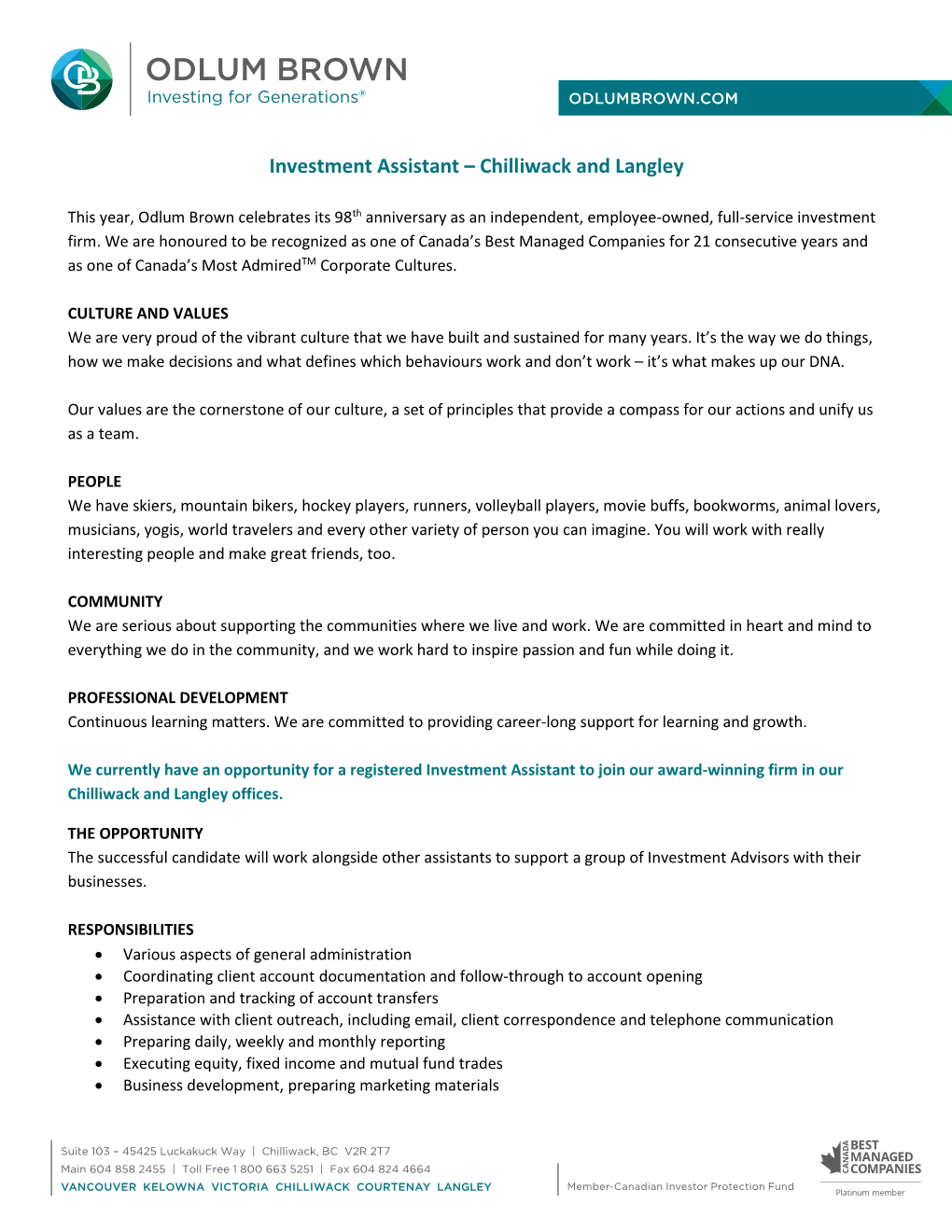 Investment Assistant – Chilliwack and Langley