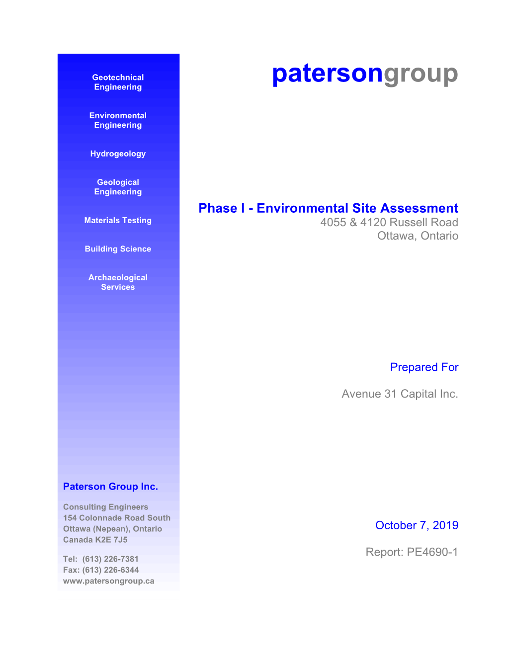 Patersongroup Phase I - Environmental Site Assessment Ottawa Kingston North Bay 4055 & 4120 Russell Road Ottawa, Ontario