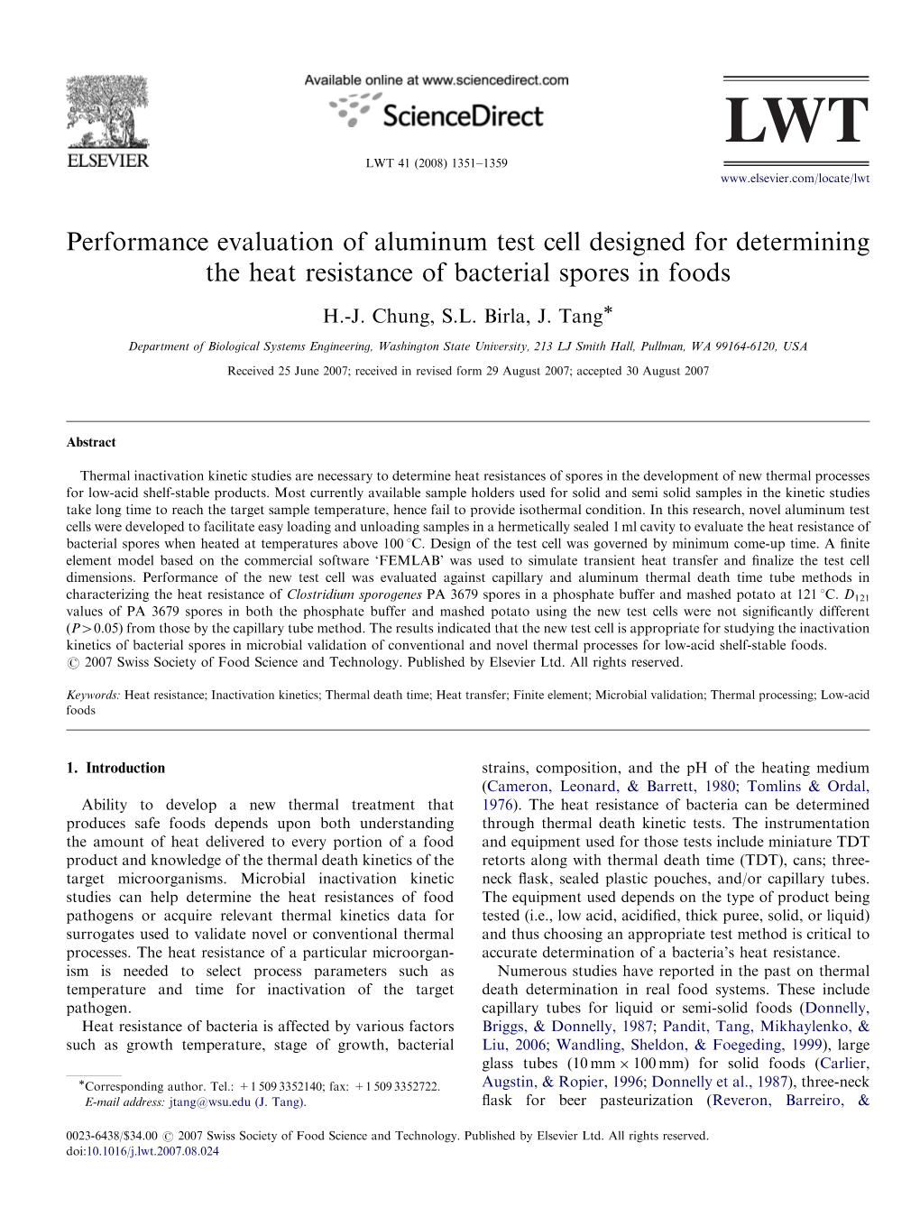 Performance Evaluation of Aluminum Test Cell Designed for Determining the Heat Resistance of Bacterial Spores in Foods
