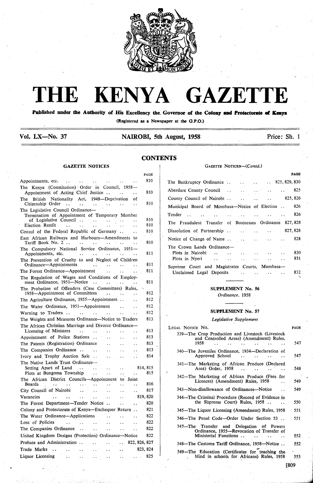 THE KENYA GAZETTE Published Under the Authority of His Excellency The