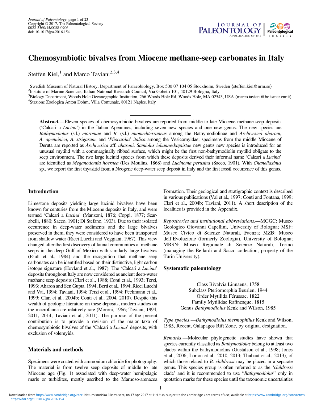 Chemosymbiotic Bivalves from Miocene Methane-Seep Carbonates in Italy
