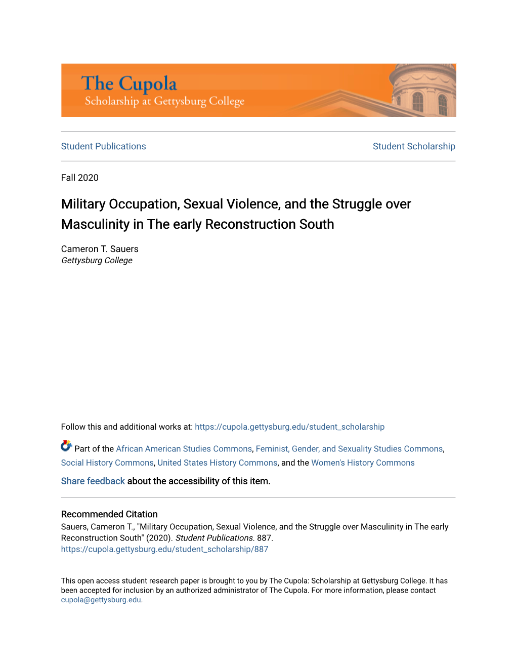 Military Occupation, Sexual Violence, and the Struggle Over Masculinity in the Early Reconstruction South