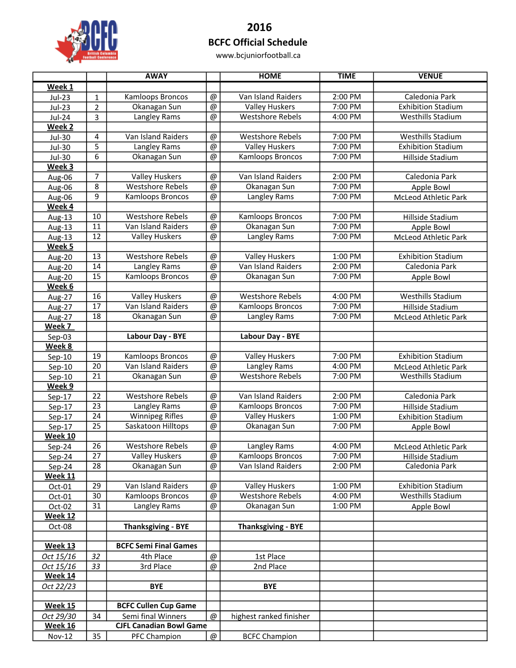 2016 BCFC Official Schedule