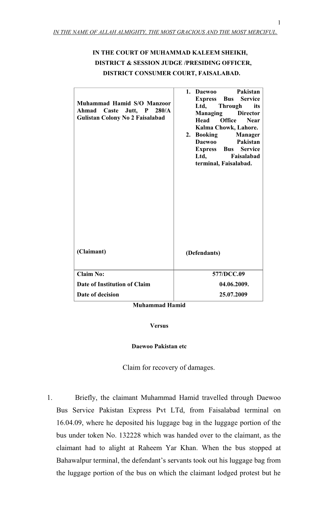 Muhammad Hamid Vs Daewoo Pakistan