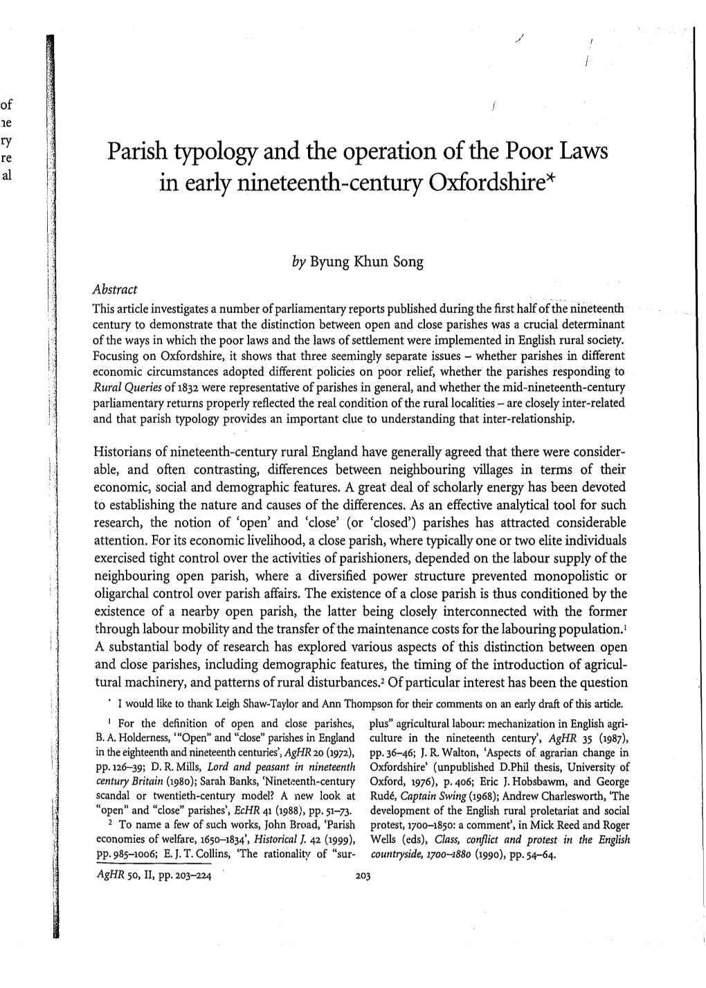 Parish Typology and the Operation of the Poor Laws in Early Nineteenth-Century Oxfordshire*