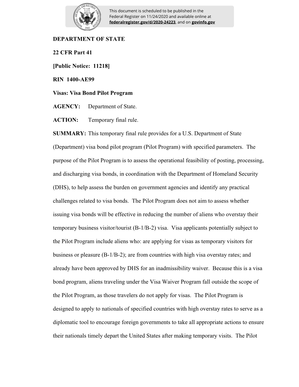 DEPARTMENT of STATE 22 CFR Part 41 [Public