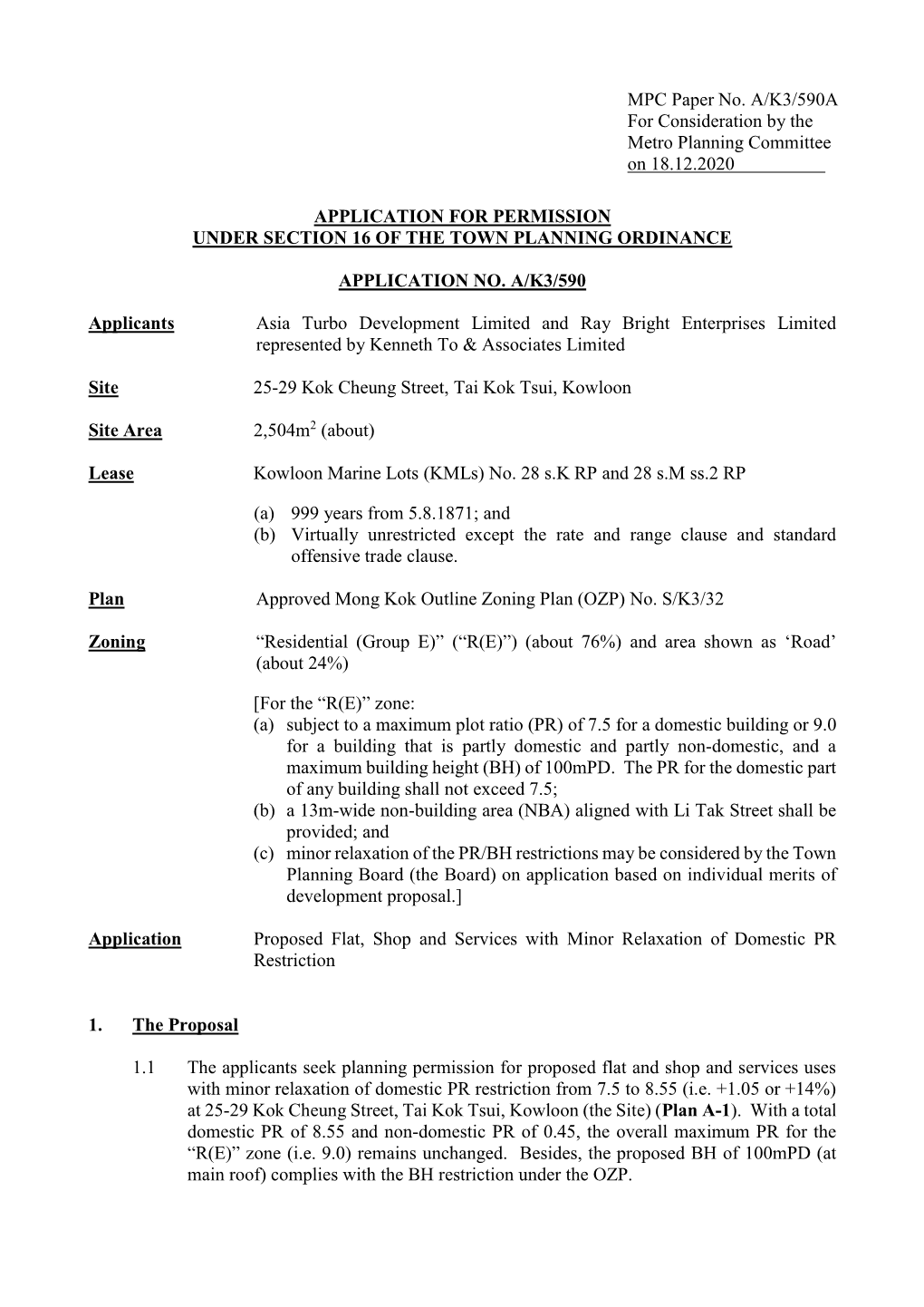 MPC Paper No. A/K3/590A for Consideration by the Metro Planning Committee on 18.12.2020