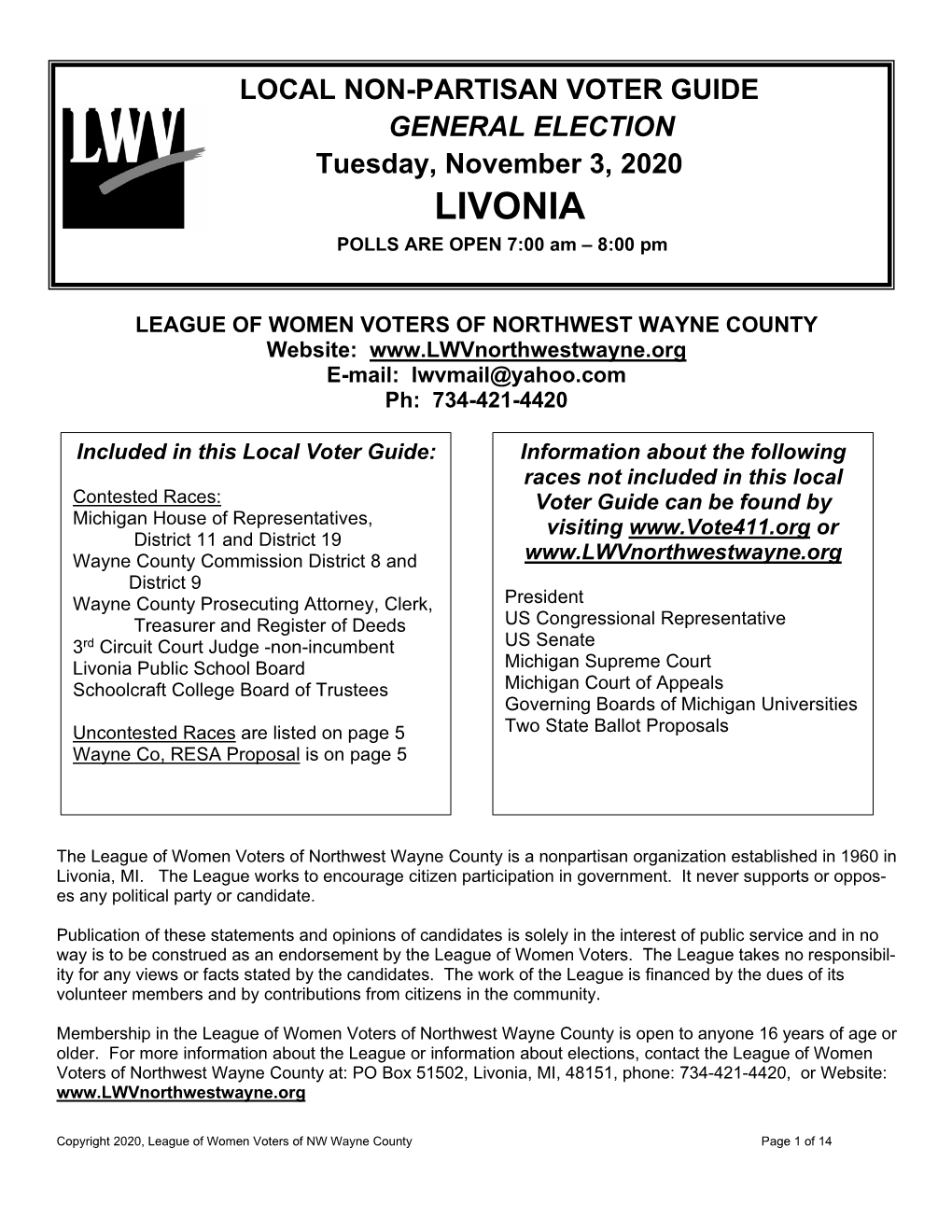 LIVONIA POLLS ARE OPEN 7:00 Am – 8:00 Pm