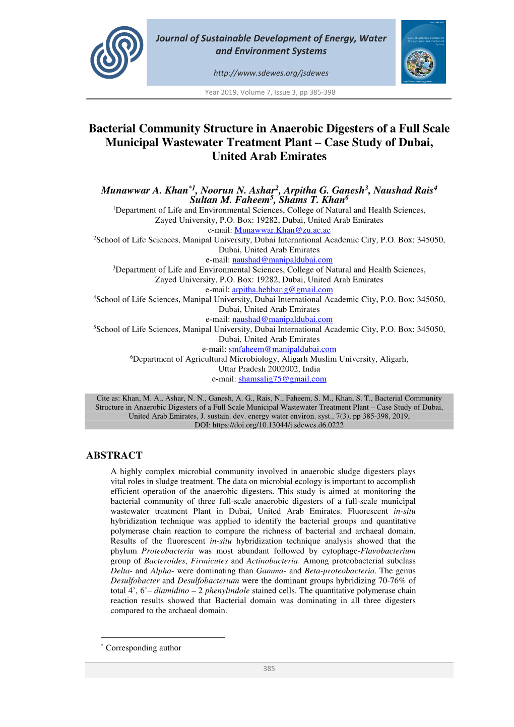 Bacterial Community Structure in Anaerobic Digesters of a Full Scale Municipal Wastewater Treatment Plant ‒ Case Study of Dubai, United Arab Emirates