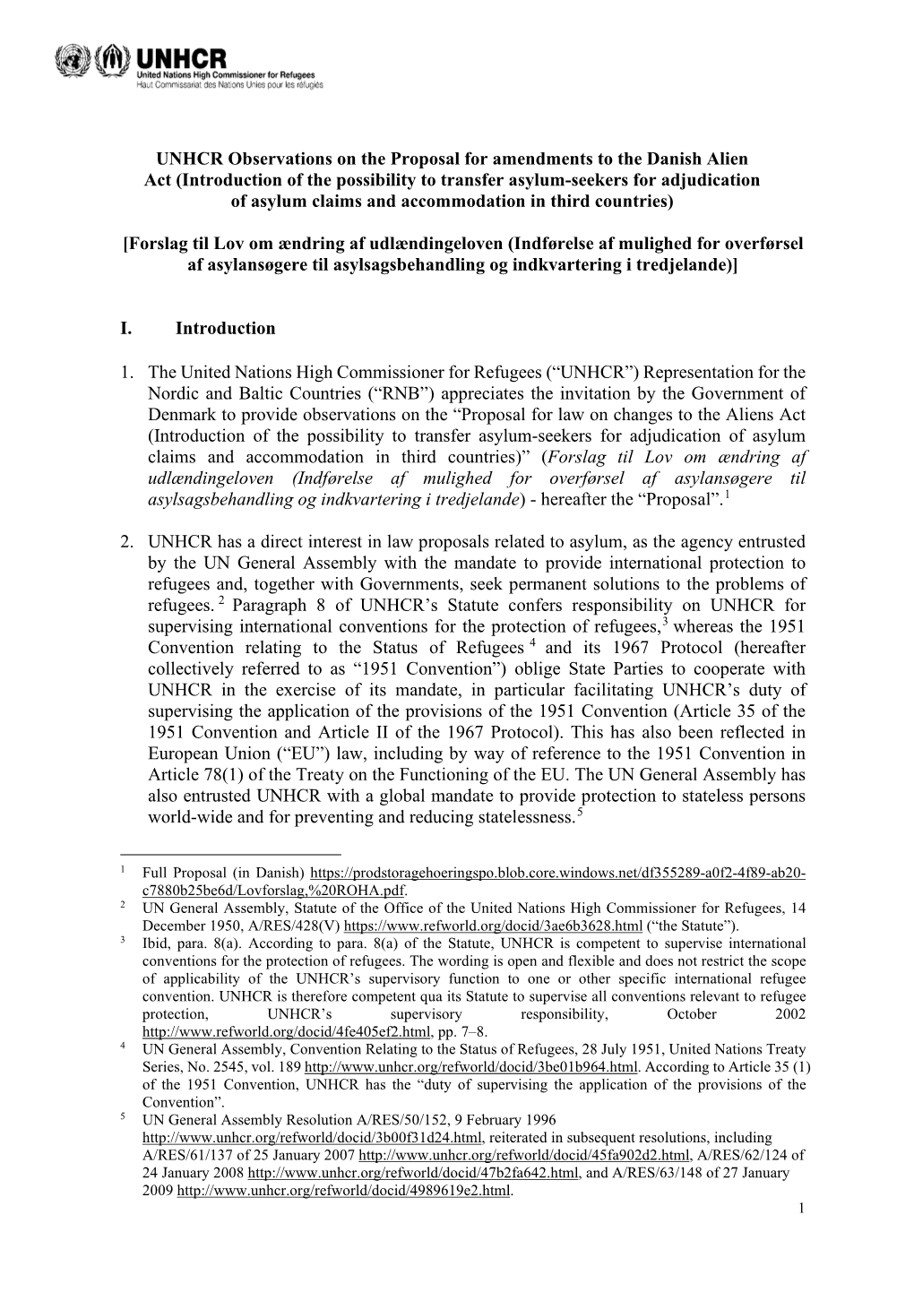UNHCR Observations on the Proposal for Amendments to the Danish