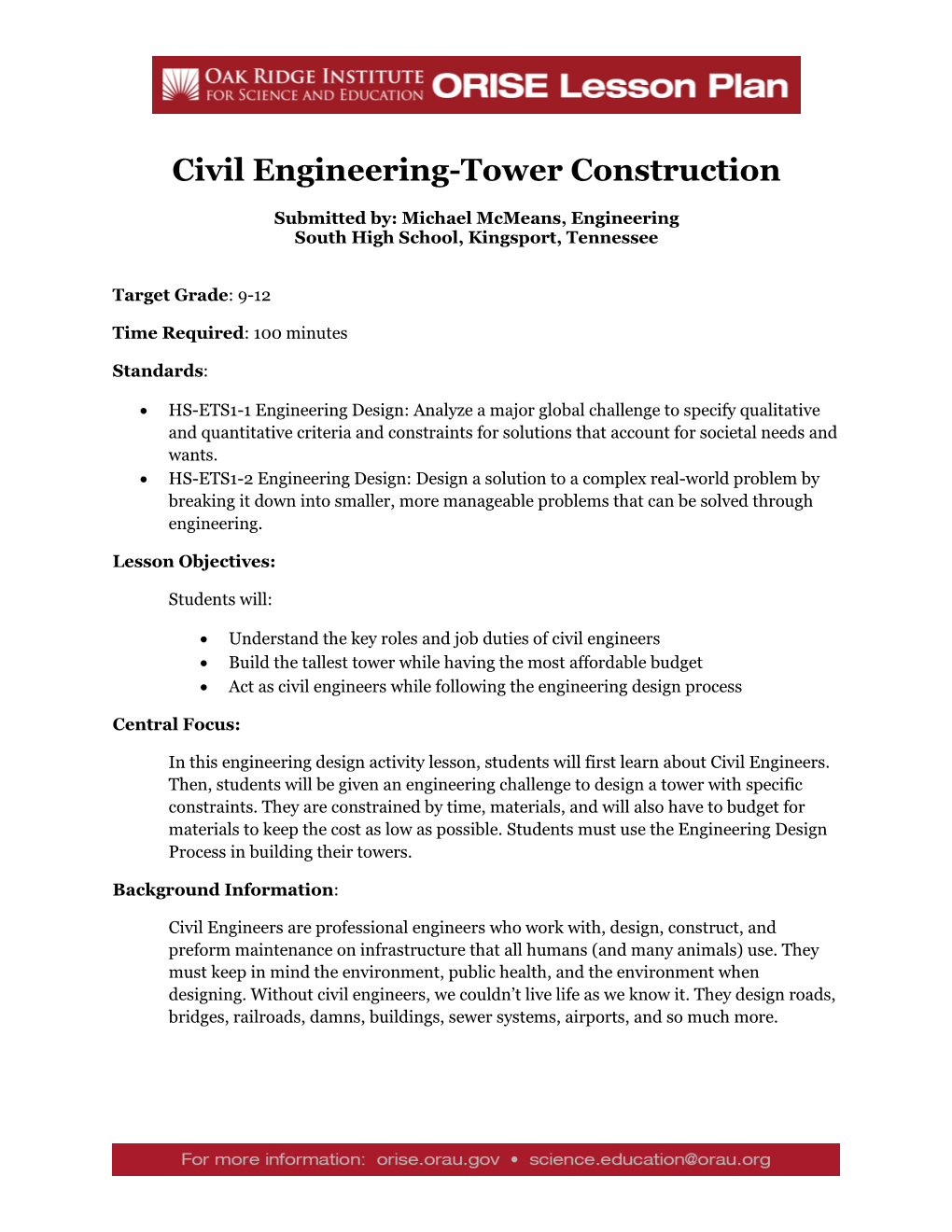 ORISE Lesson Plan: Civil Engineering-Tower Construction