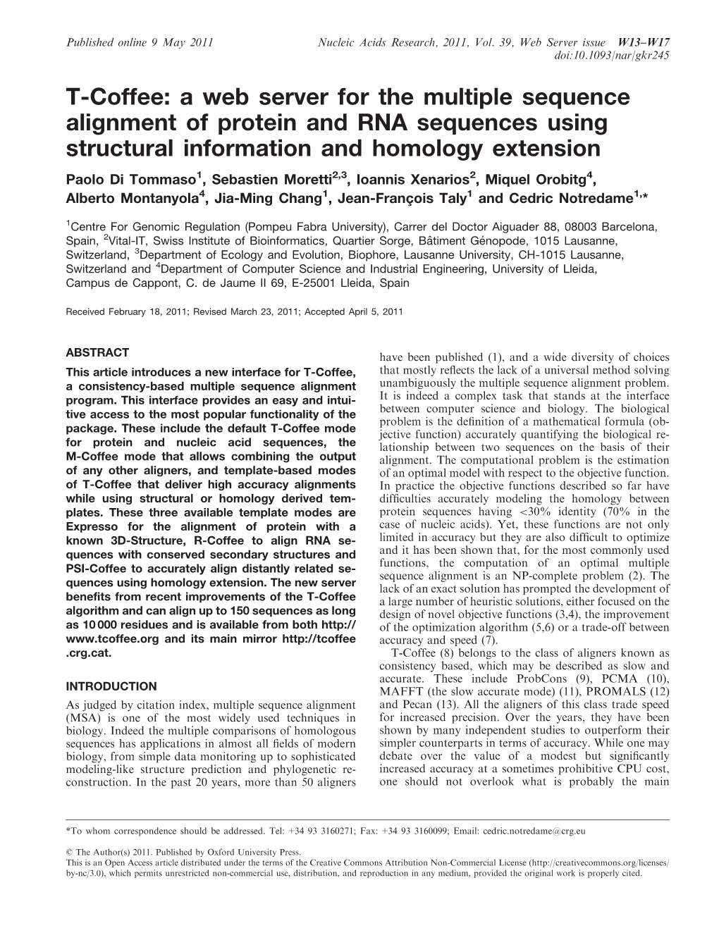 T-Coffee: a Web Server for the Multiple Sequence Alignment of Protein And