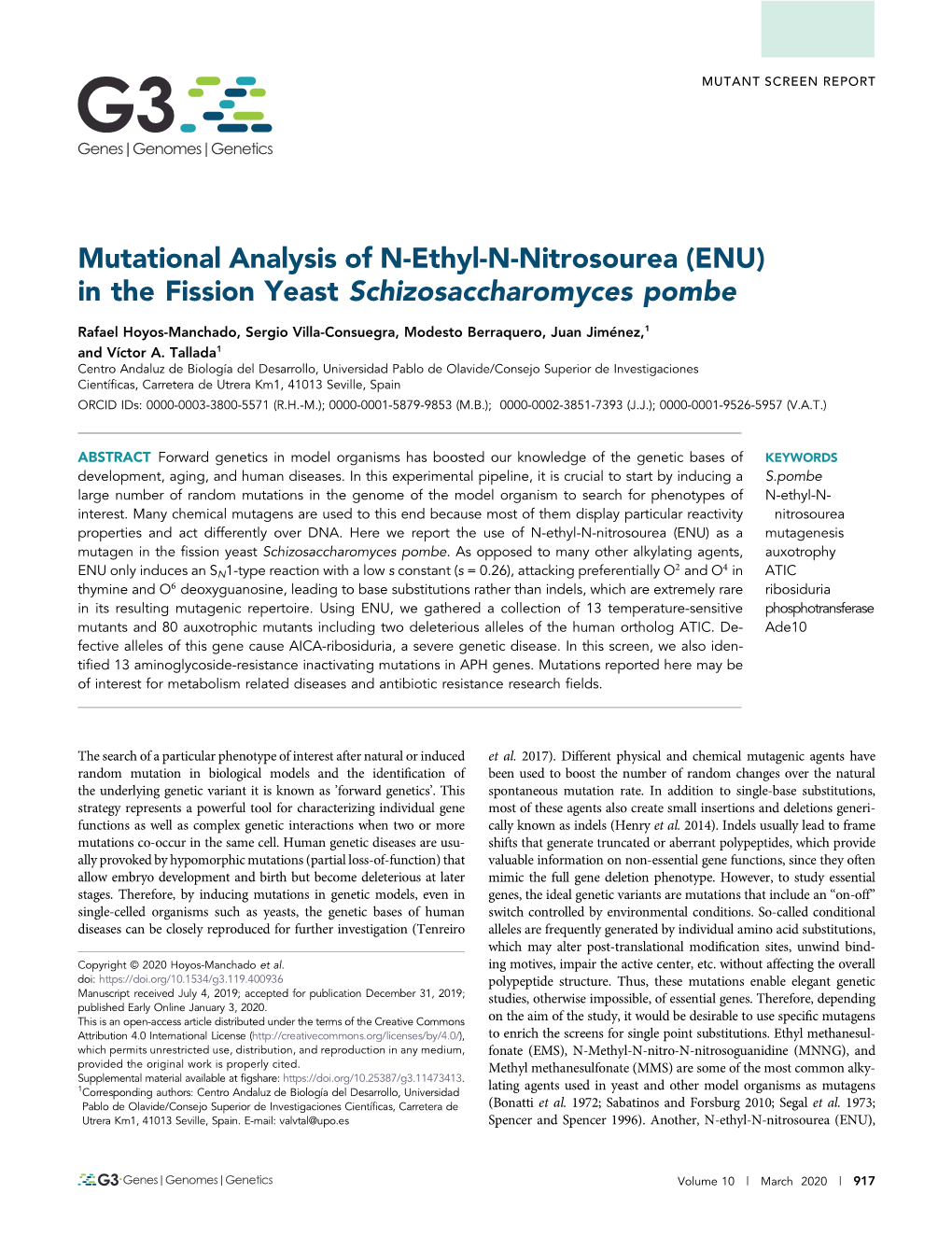 Mutational Analysis of N-Ethyl-N-Nitrosourea (ENU) in the Fission Yeast Schizosaccharomyces Pombe