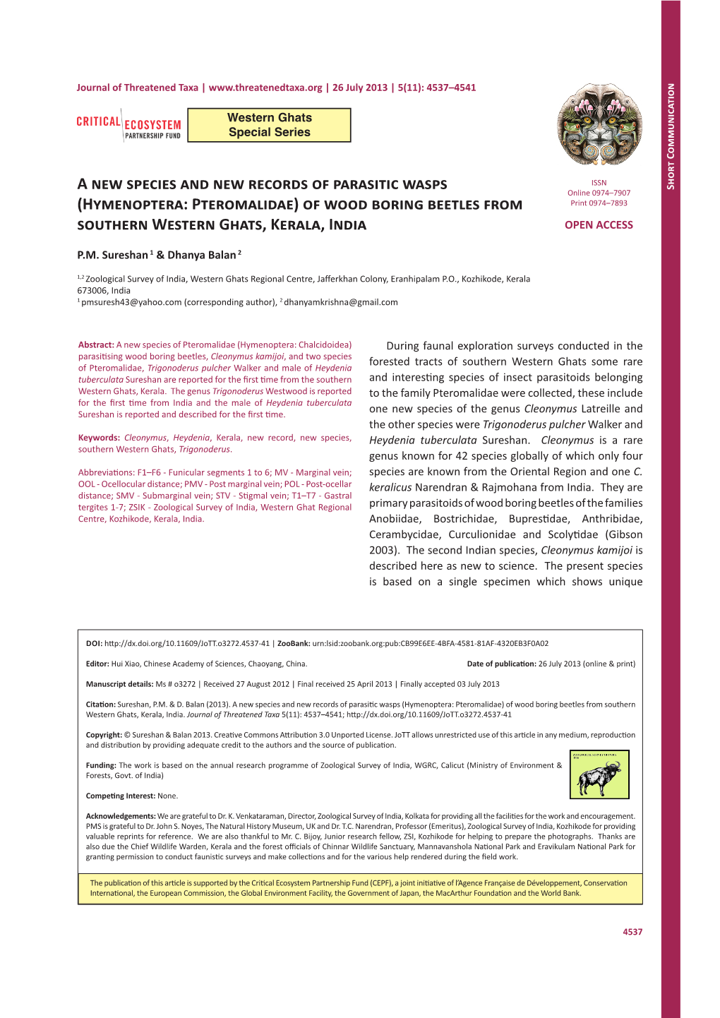 A New Species and New Records of Parasitic Wasps (Hymenoptera: Pteromalidae) of Wood Boring Beetles from Southern Western Ghats, Kerala, India