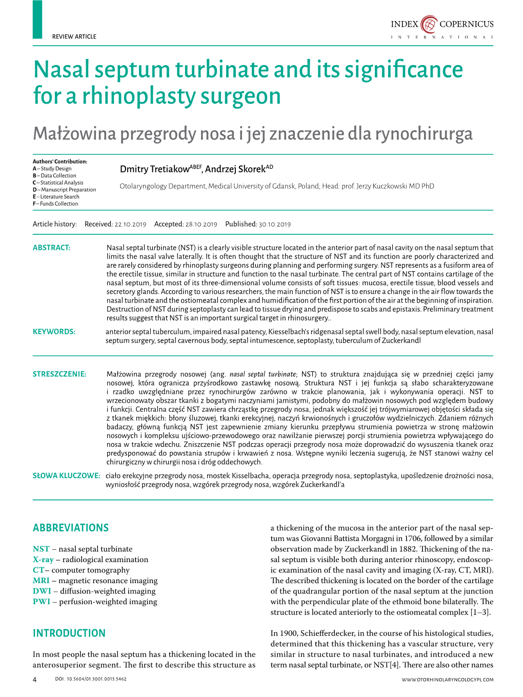 Nasal Septum Turbinate and Its Significance for a Rhinoplasty Surgeon Małżowina Przegrody Nosa I Jej Znaczenie Dla Rynochirurga