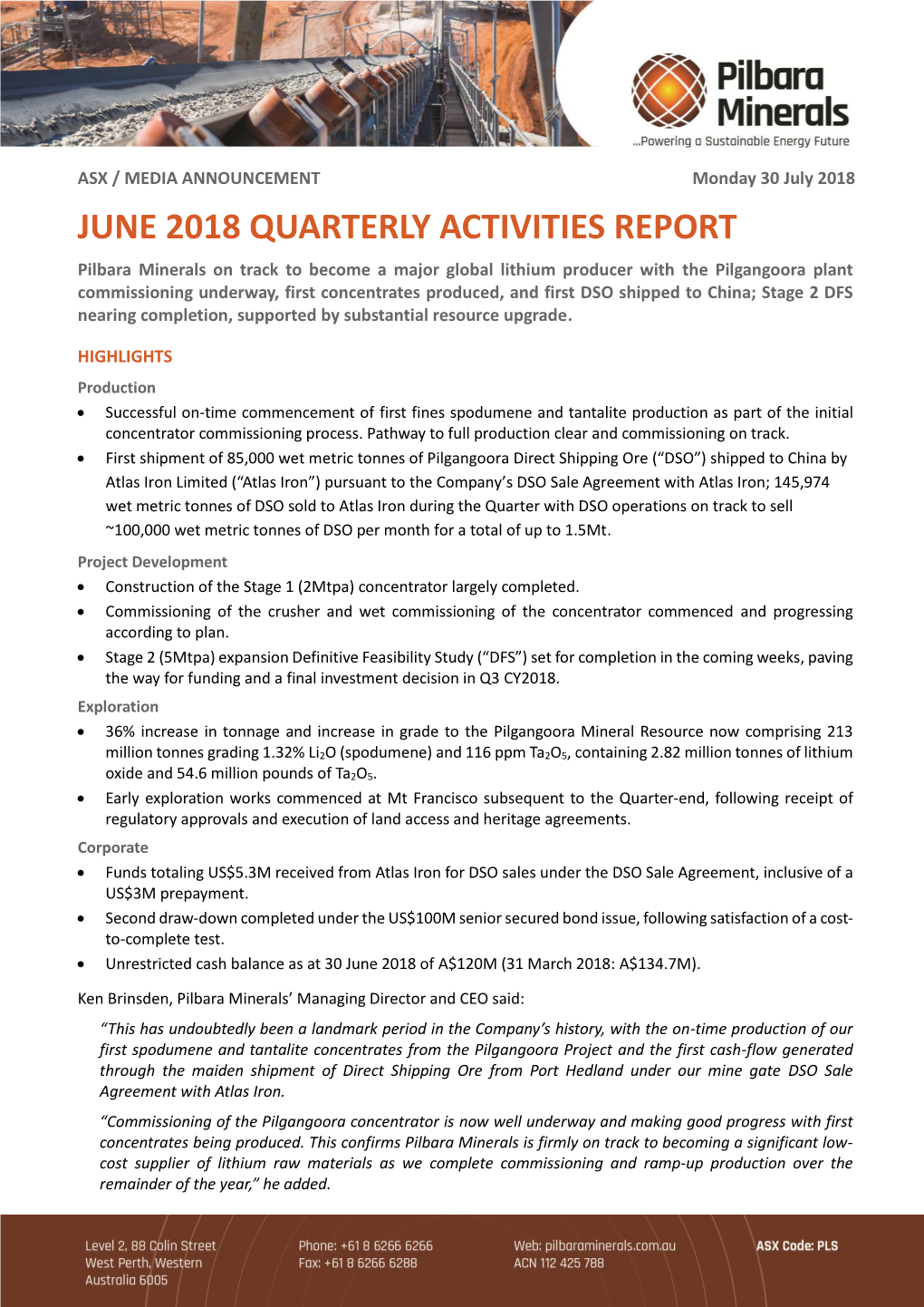 June 2018 Quarterly Activities Report