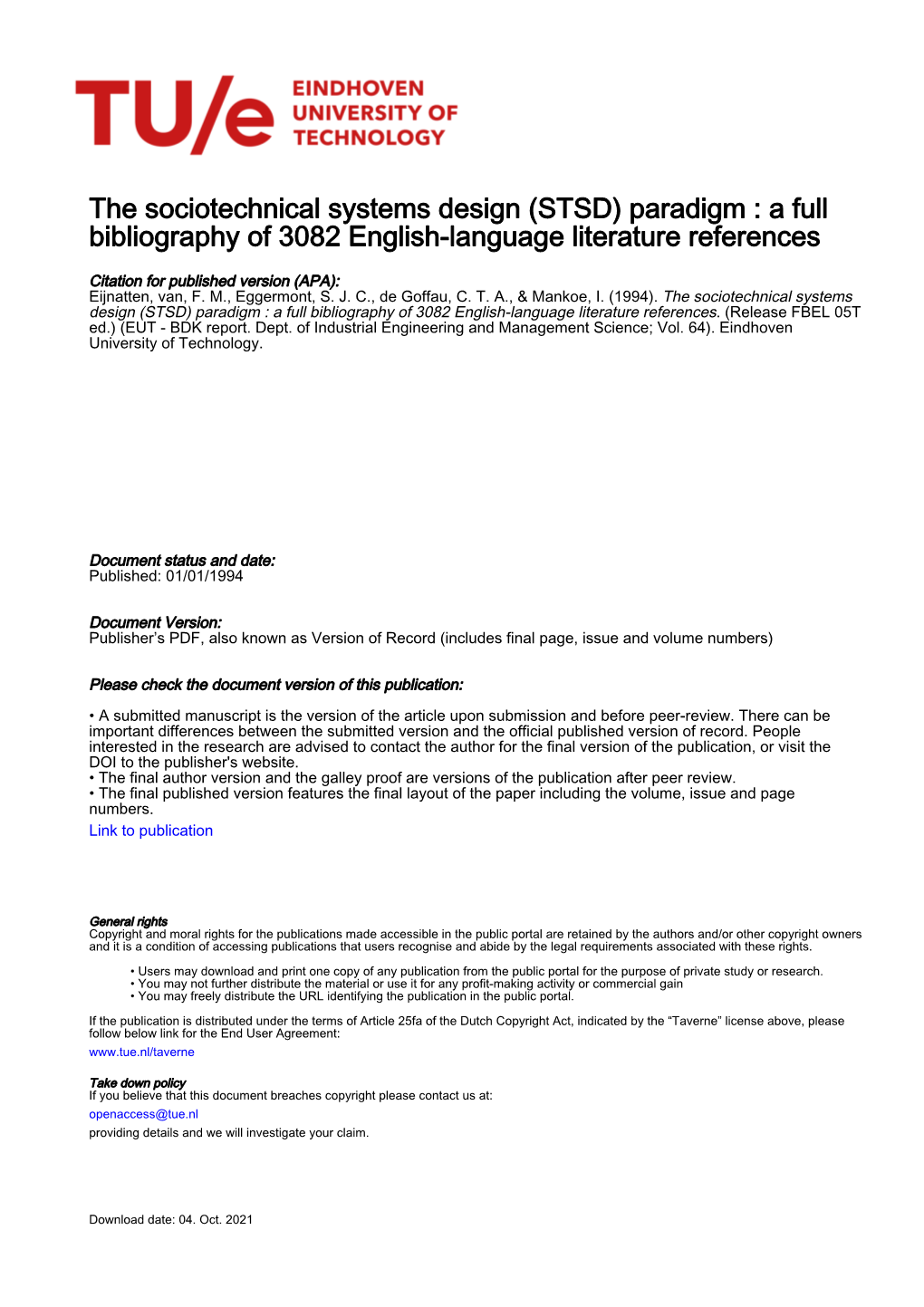 The Sociotechnical Systems Design (STSD) Paradigm : a Full Bibliography of 3082 English-Language Literature References