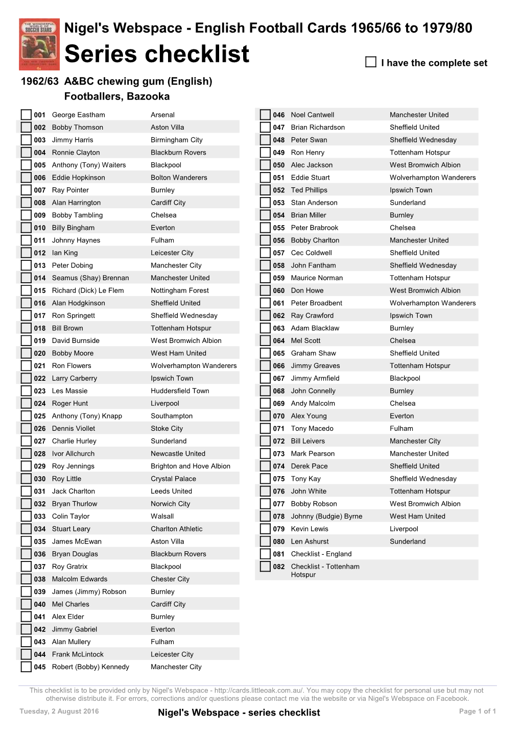 Series Checklist I Have the Complete Set 1962/63 A&BC Chewing Gum (English) Footballers, Bazooka