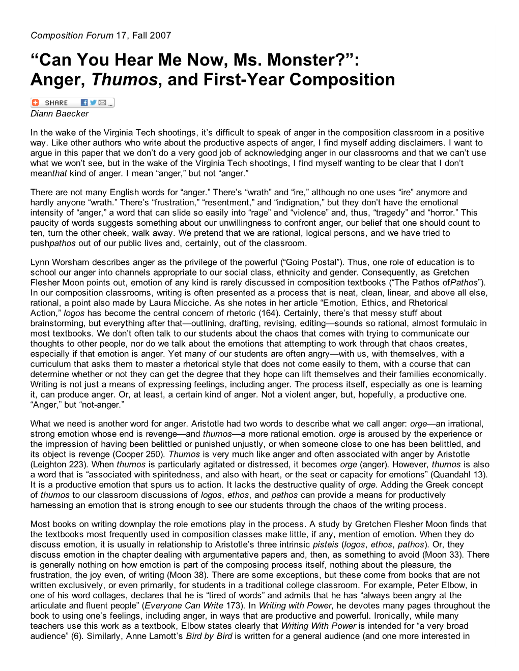 “Can You Hear Me Now, Ms. Monster?”: Anger, Thumos, and First­Year Composition