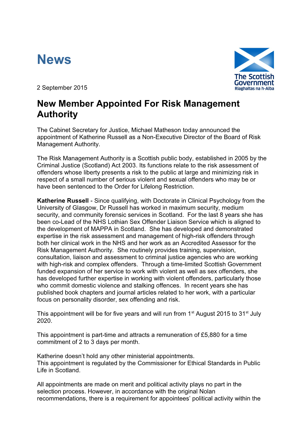 New Member Appointed for Risk Management Authority