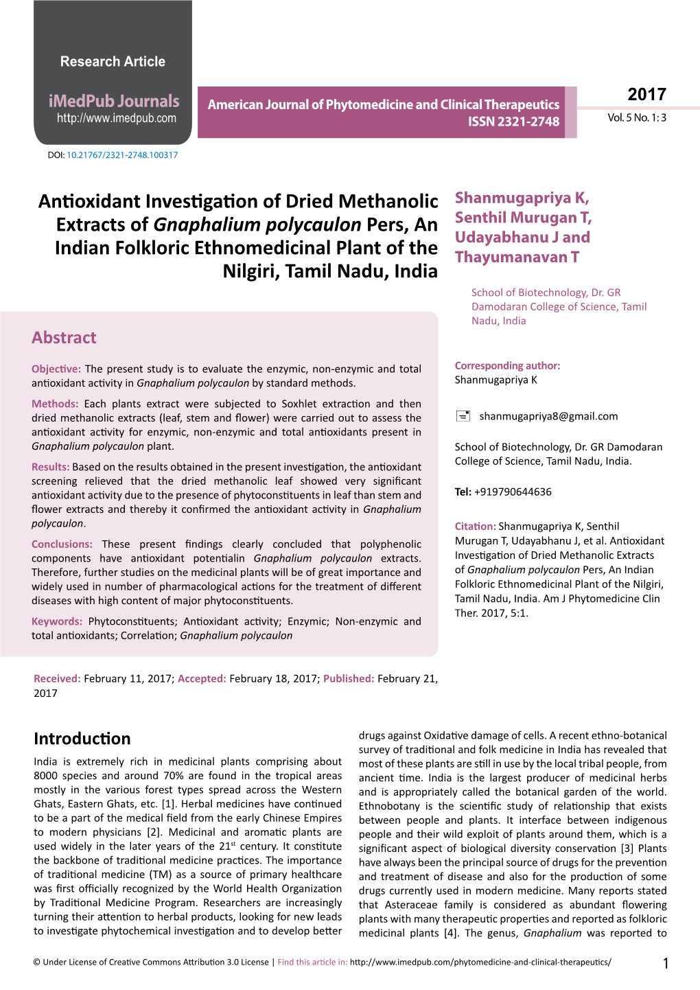 Antioxidant Investigation of Dried Methanolic Extracts of Gnaphalium