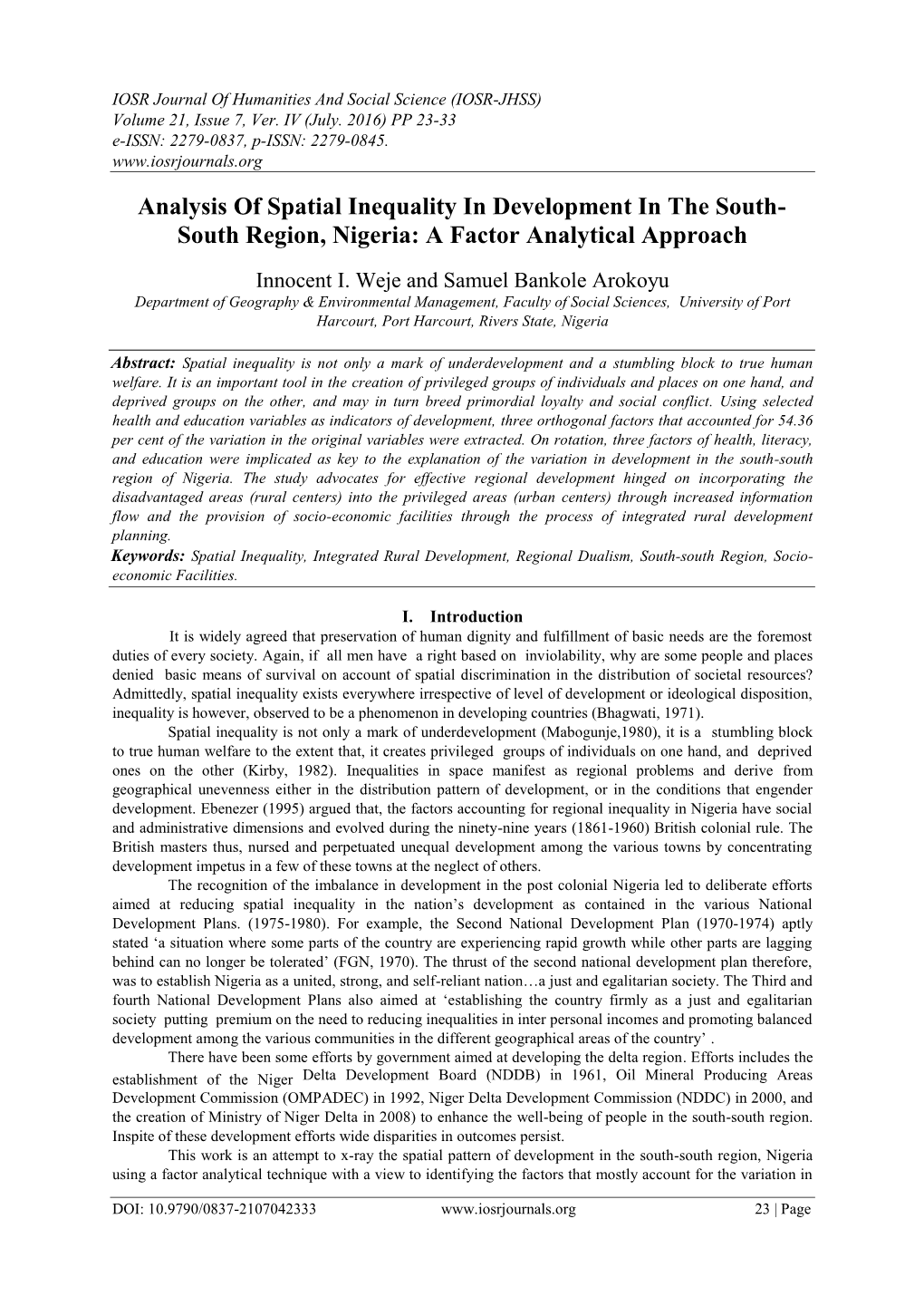 Analysis of Spatial Inequality in Development in the South- South Region, Nigeria: a Factor Analytical Approach