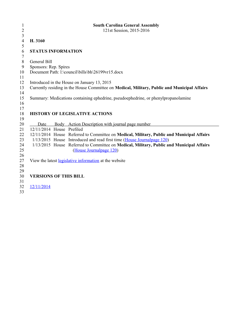 2015-2016 Bill 3160: Medications Containing Ephedrine, Pseudoephedrine, Or Phenylpropanolamine