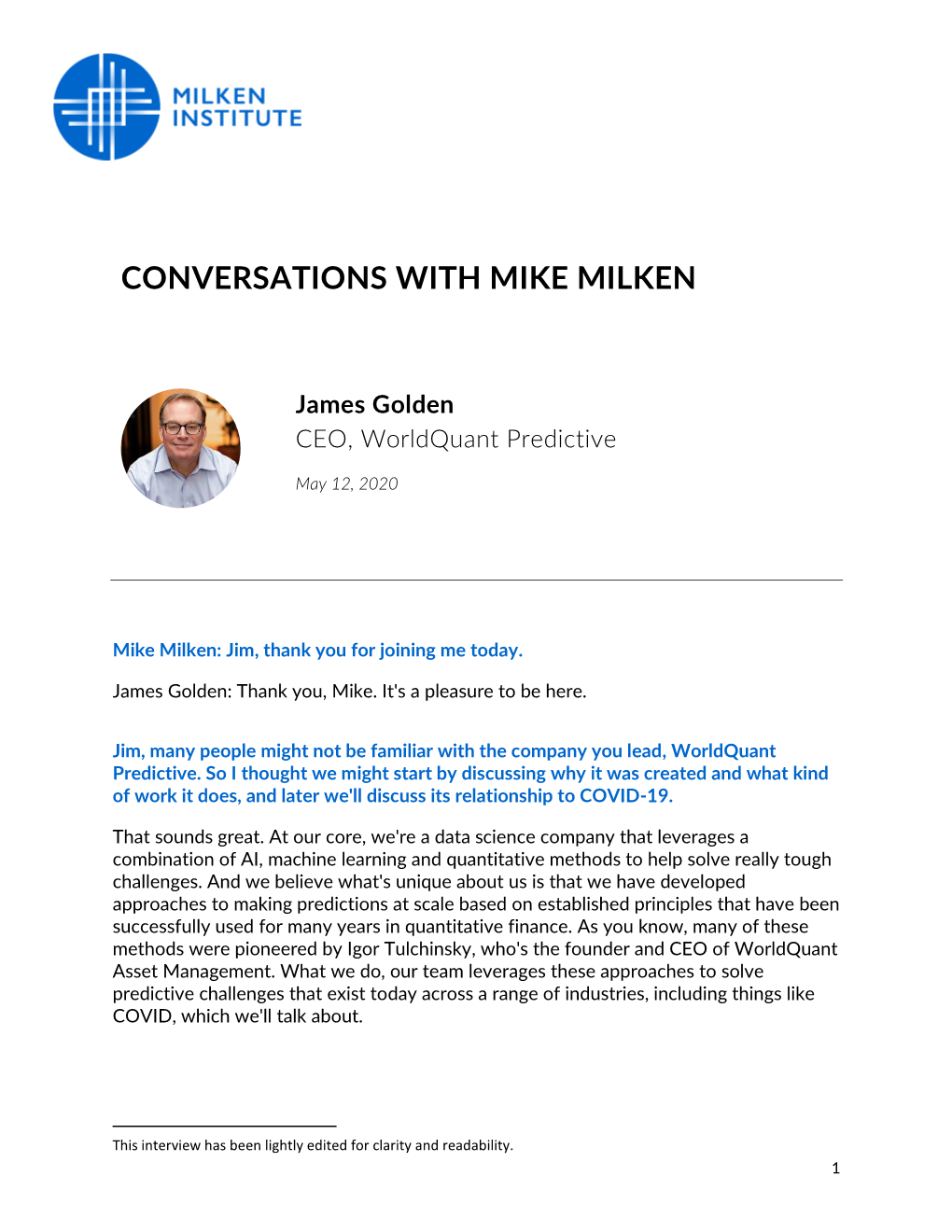 CONVERSATIONS with MIKE MILKEN James Golden