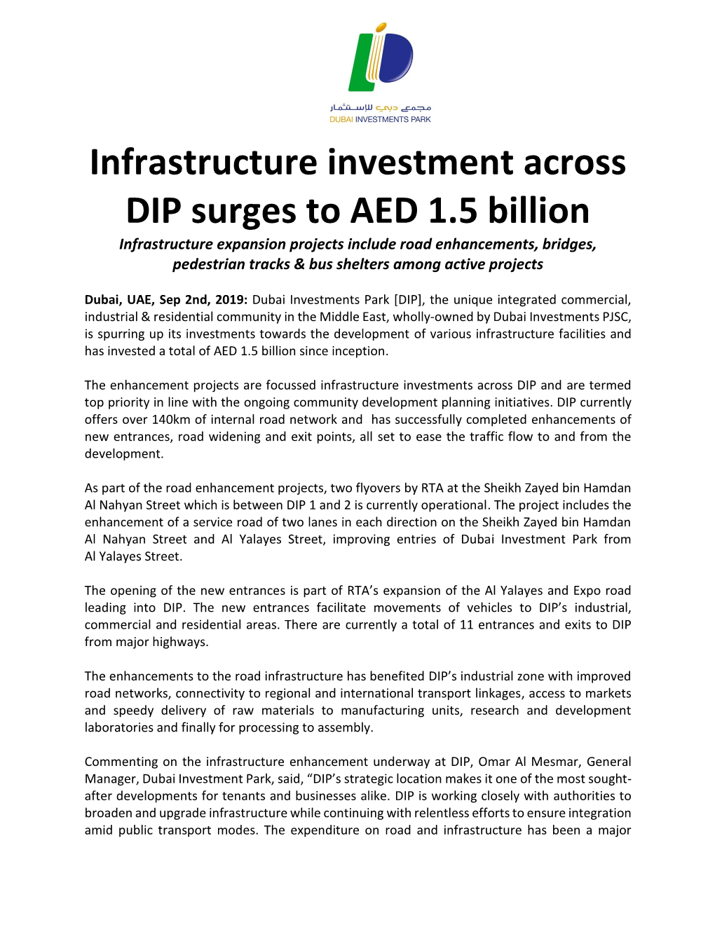 Infrastructure Investment Across DIP Surges to AED 1.5 Billion