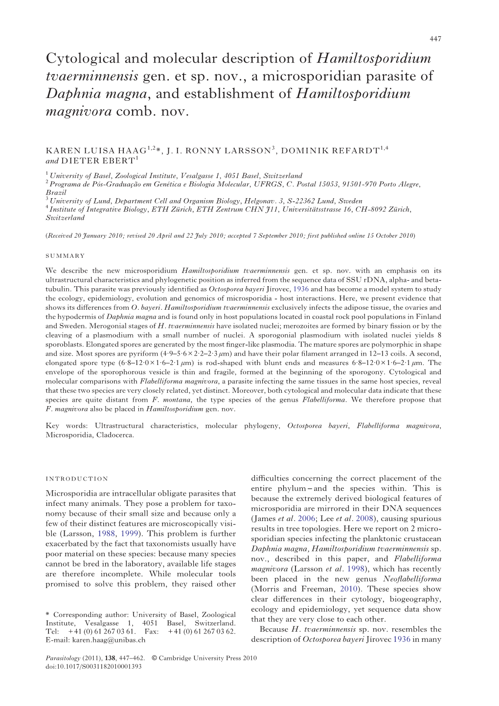 Daphnia Magna, and Establishment of Hamiltosporidium Magnivora Comb