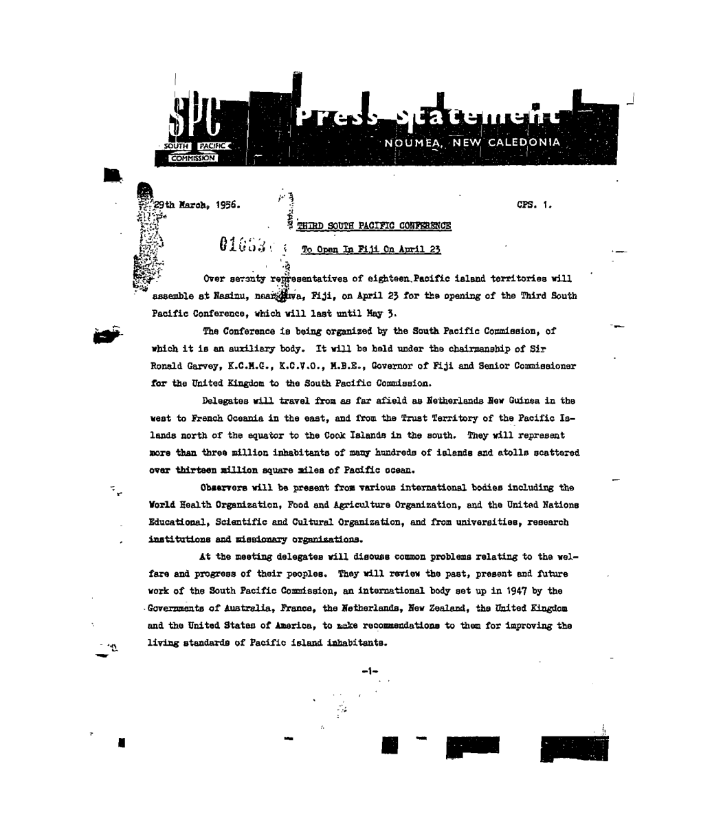 Sgthkareli, 1956. ''I CPS. 1. I. 'S Mied SOOTH PACIFIC Cohrabemce : ^-^R U a U O D J to Opan in JI.U on Aiarll 2? Over Seranty Rs^Esentatives of Ei^Teen