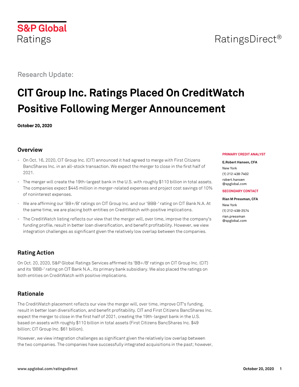 CIT Group Inc. Ratings Placed on Creditwatch Positive Following Merger Announcement