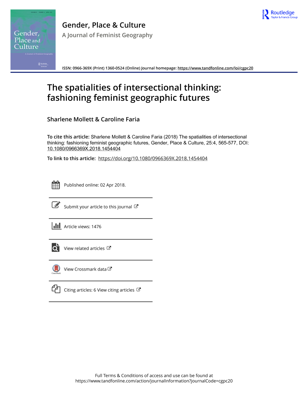 The Spatialities of Intersectional Thinking: Fashioning Feminist Geographic Futures